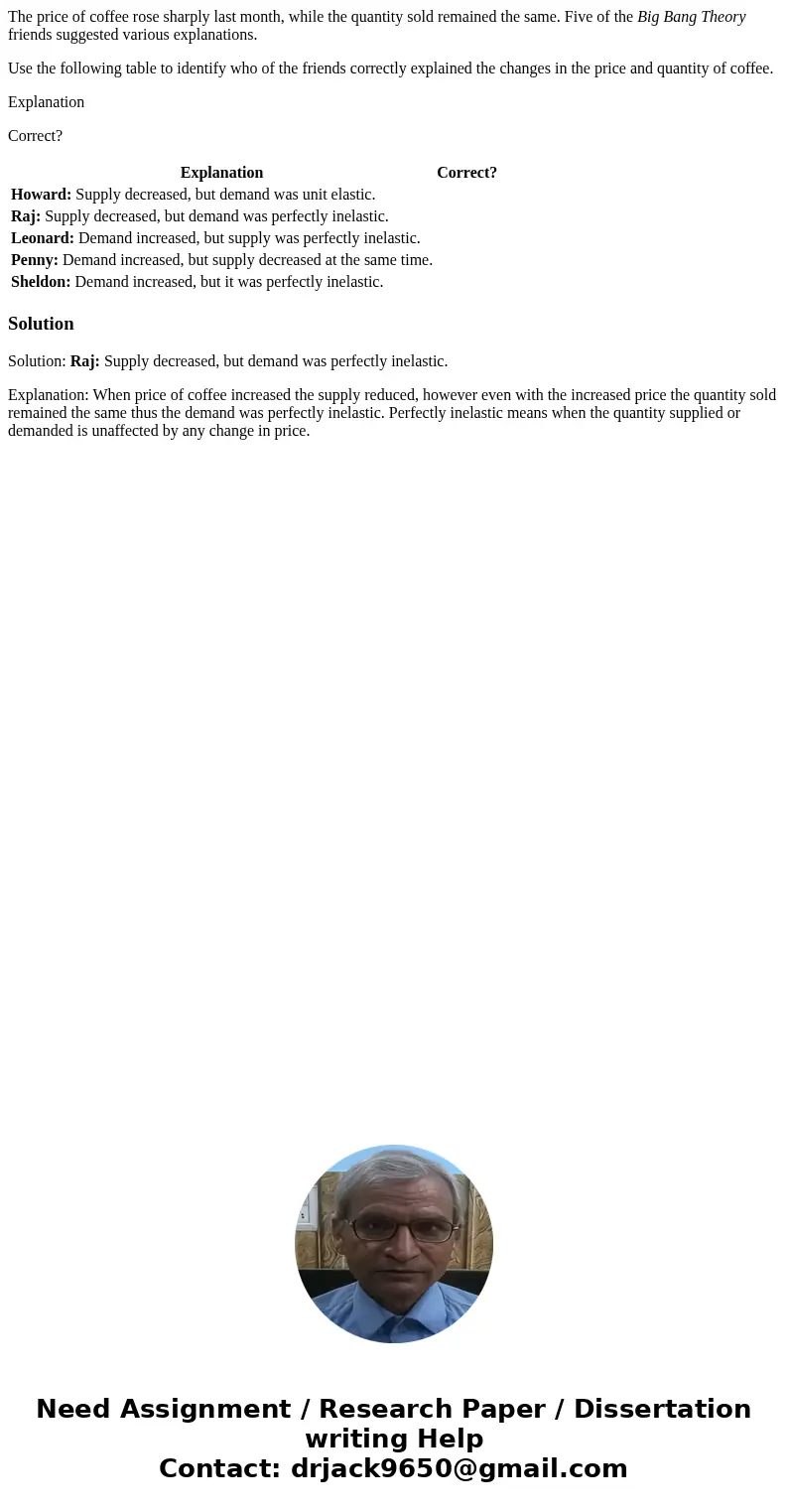 The price of coffee rose sharply last month, while the quantity sold remained the same. Five of the Big Bang Theory friends suggested various explanations. Use 