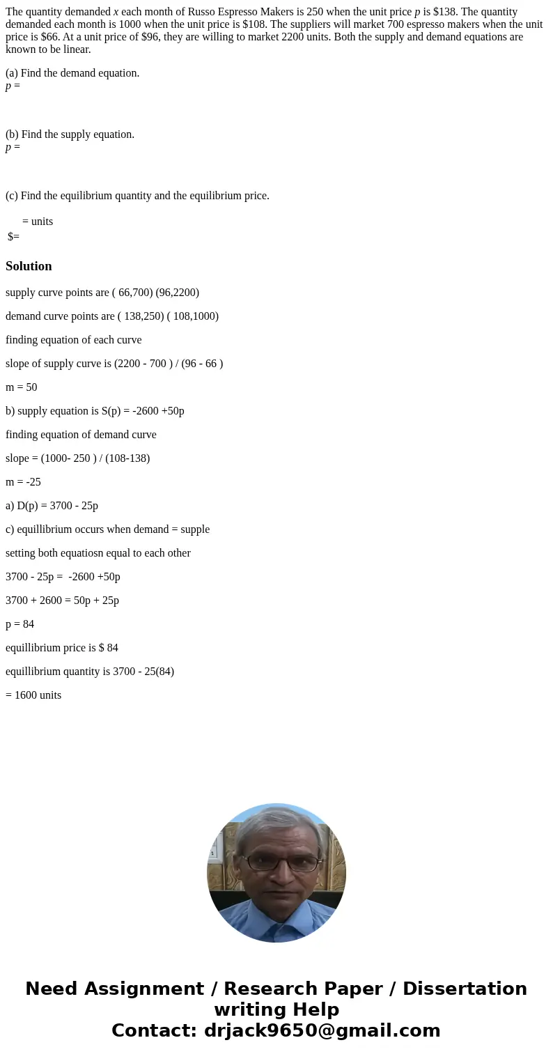 The quantity demanded x each month of Russo Espresso Makers is 250 when the unit price p is $138. The quantity demanded each month is 1000 when the unit price i The quantity demanded x each month of Russo Espresso Makers is 250 when the unit price p is $138. The quantity demanded each month is 1000 when the unit price i