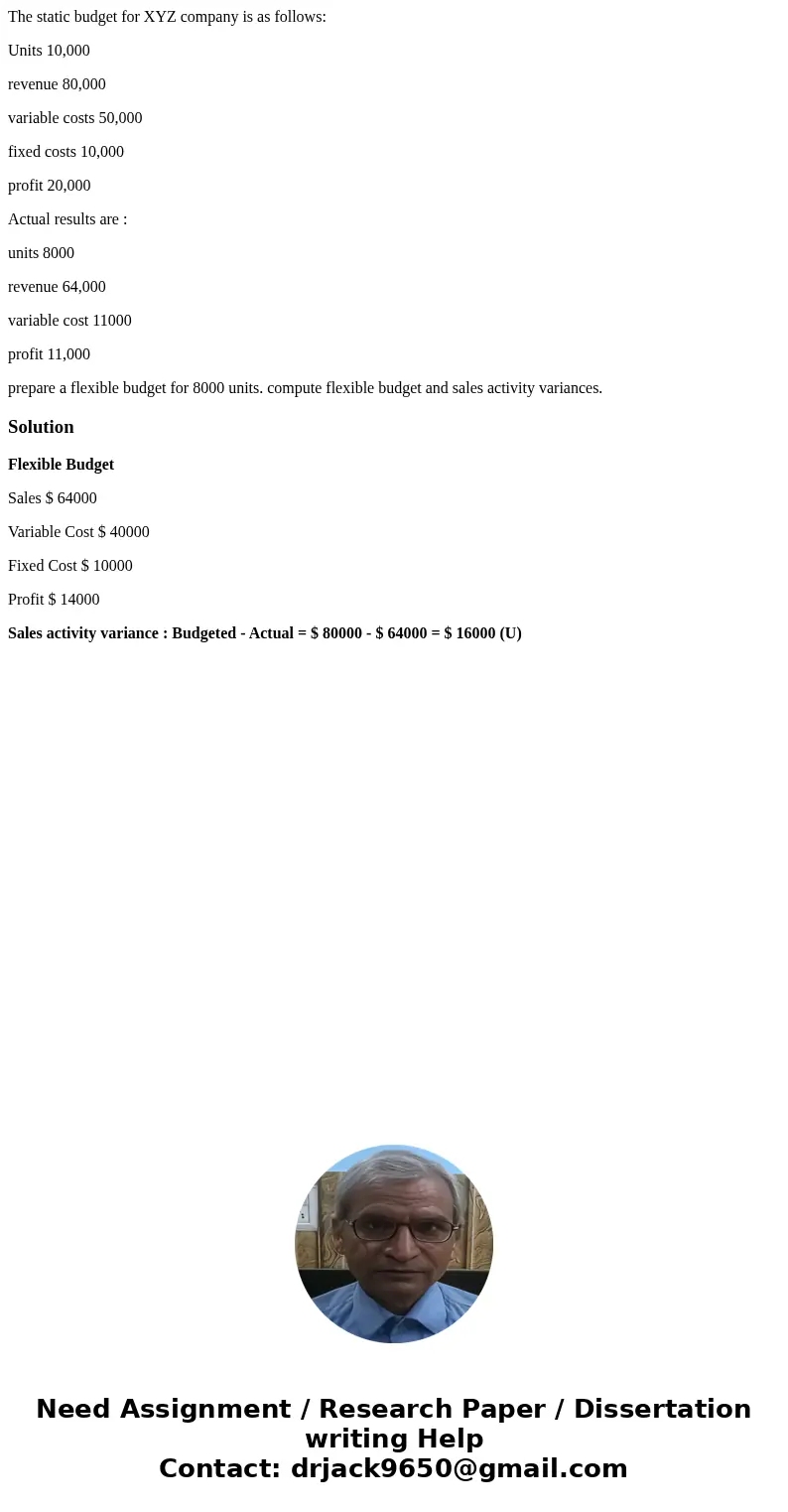 The static budget for XYZ company is as follows: Units 10,000 revenue 80,000 variable costs 50,000 fixed costs 10,000 profit 20,000 Actual results are : units 8 The static budget for XYZ company is as follows: Units 10,000 revenue 80,000 variable costs 50,000 fixed costs 10,000 profit 20,000 Actual results are : units 8