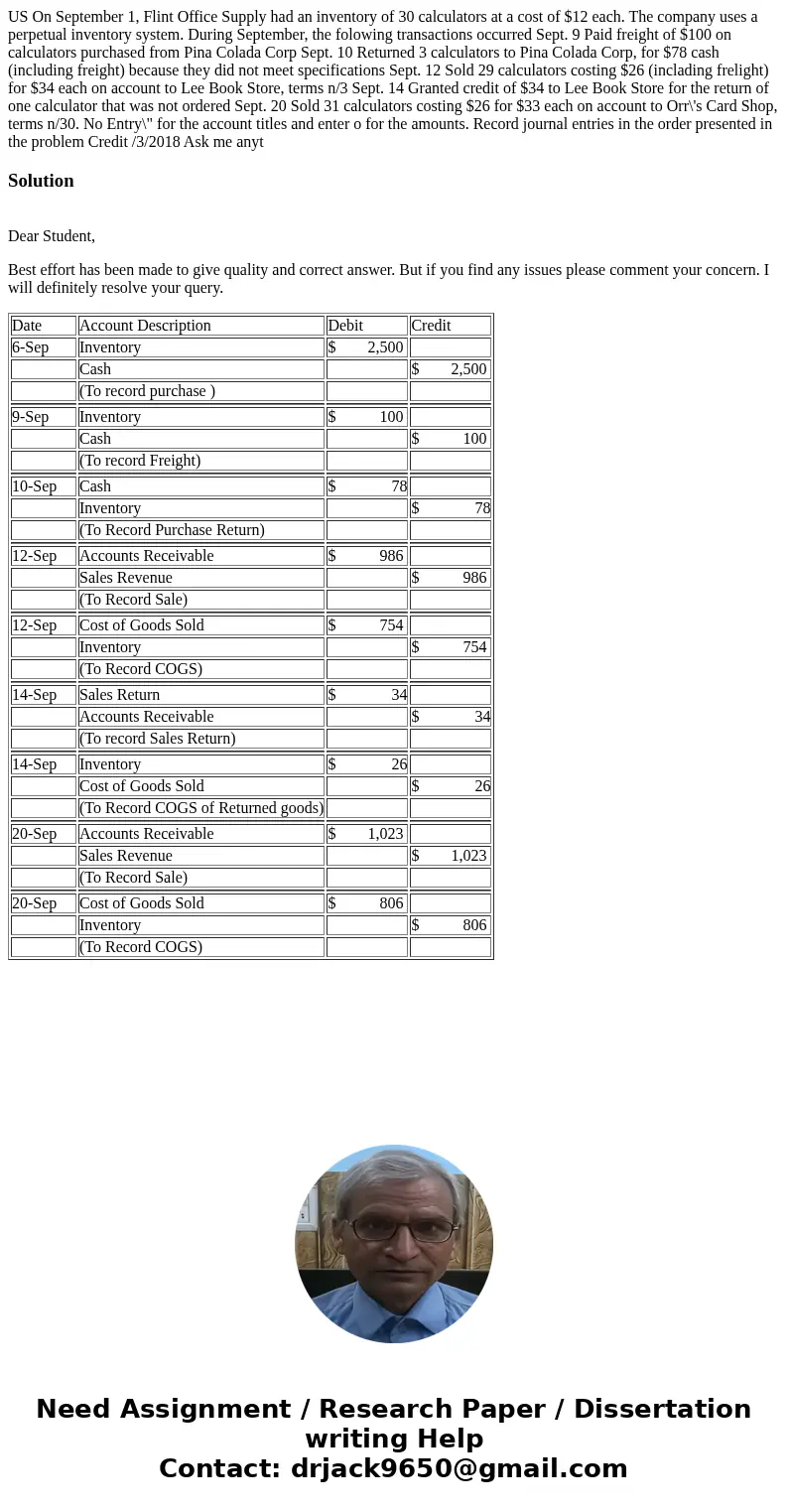 US On September 1, Flint Office Supply had an inventory of 30 calculators at a cost of $12 each. The company uses a perpetual inventory system. During Septembe  US On September 1, Flint Office Supply had an inventory of 30 calculators at a cost of $12 each. The company uses a perpetual inventory system. During Septembe