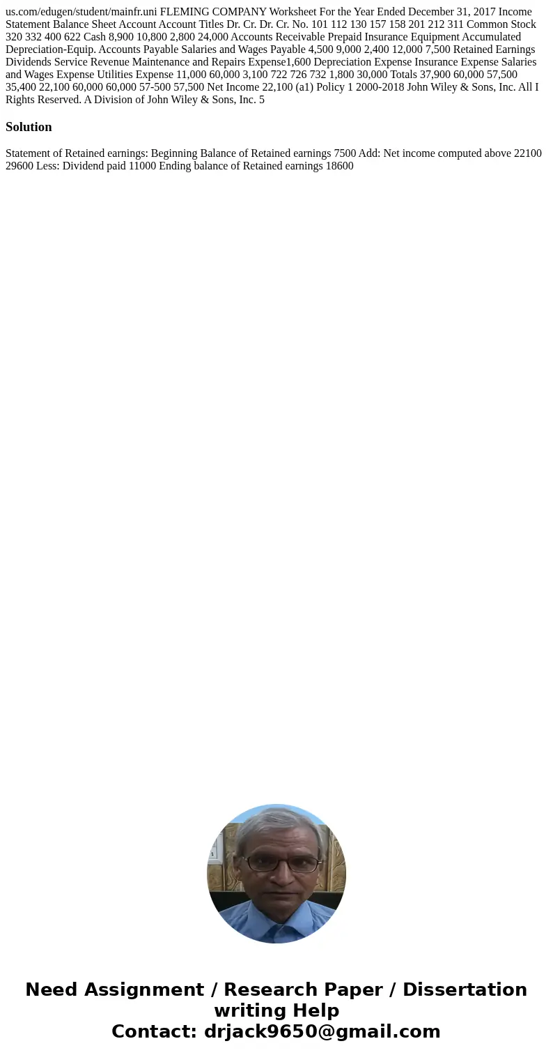 us.com/edugen/student/mainfr.uni FLEMING COMPANY Worksheet For the Year Ended December 31, 2017 Income Statement Balance Sheet Account Account Titles Dr. Cr. D  us.com/edugen/student/mainfr.uni FLEMING COMPANY Worksheet For the Year Ended December 31, 2017 Income Statement Balance Sheet Account Account Titles Dr. Cr. D