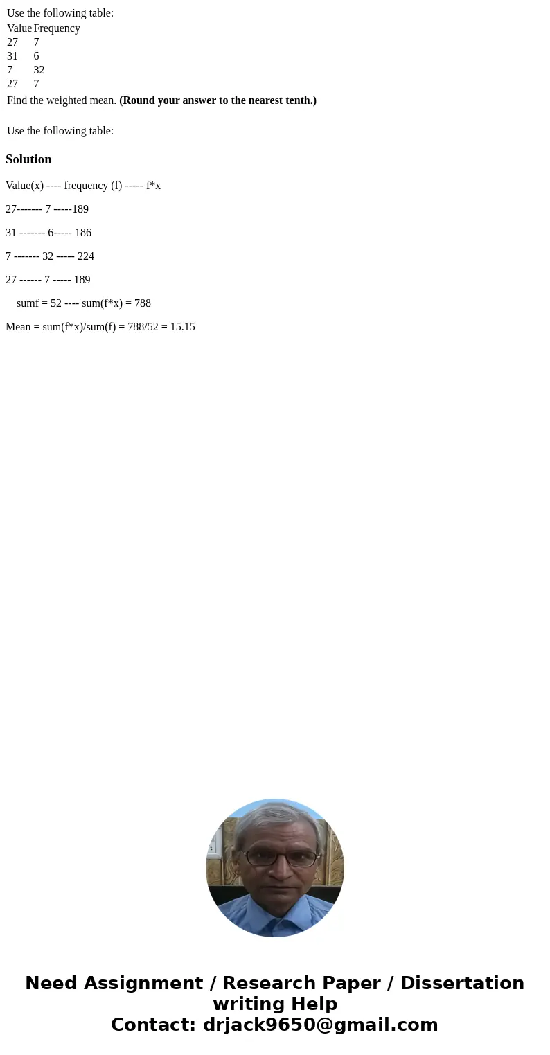  Use the following table: Value Frequency 27 7 31 6 7 32 27 7 Find the weighted mean. (Round your answer to the nearest tenth.) Use the following table: Solutio