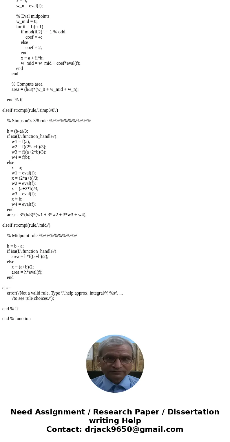 Using MatLab software Calculate the area under the curve of function f(x)=1/x^2 using the right end rule. The right end rule is Rn = h *summation of( f(a + ih)) Using MatLab software Calculate the area under the curve of function f(x)=1/x^2 using the right end rule. The right end rule is Rn = h *summation of( f(a + ih))
