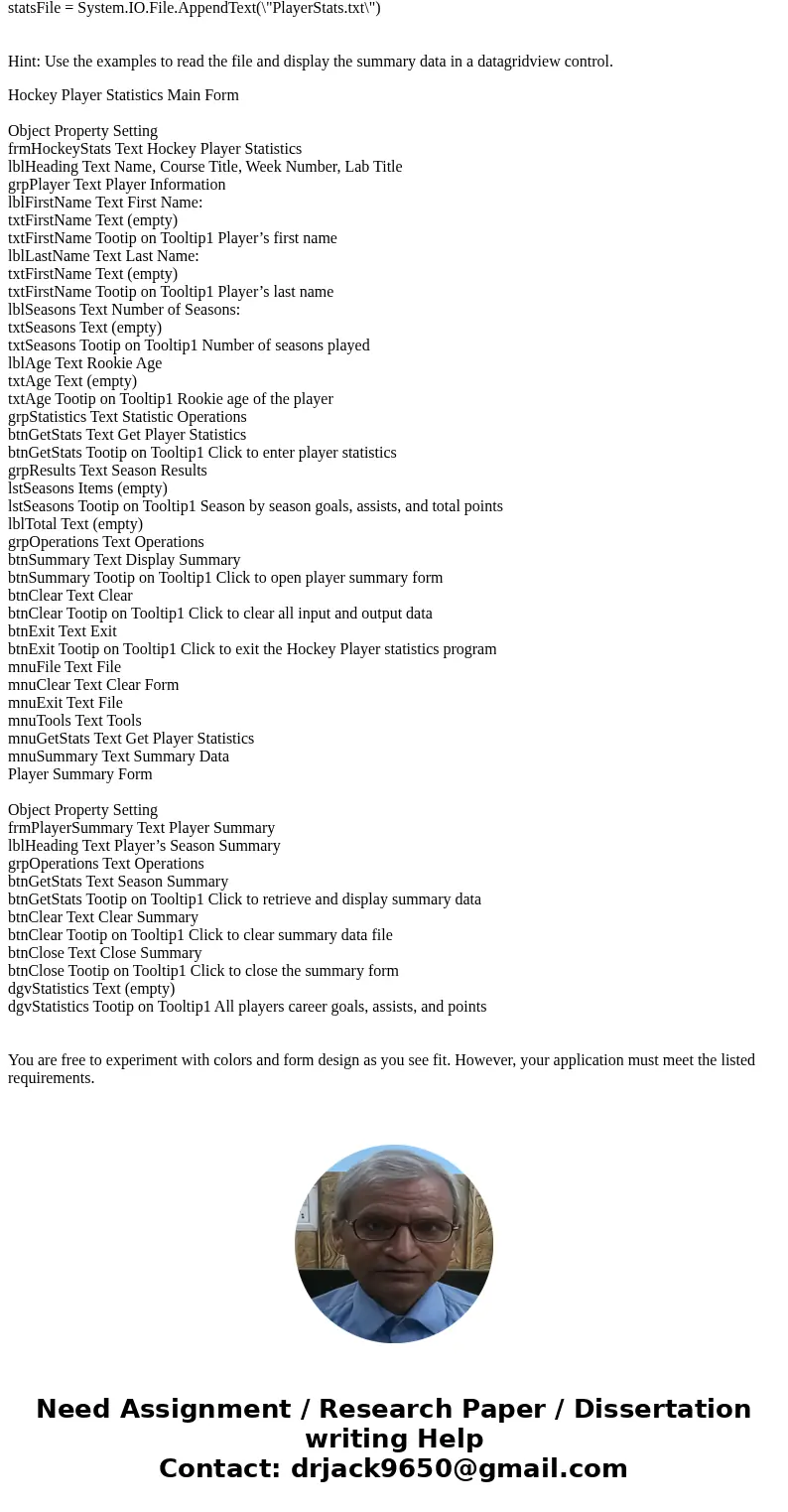 Visual Basic- In this project, you will create a program that will calculate and display the career statistics for a hockey player. The program will input the n Visual Basic- In this project, you will create a program that will calculate and display the career statistics for a hockey player. The program will input the n