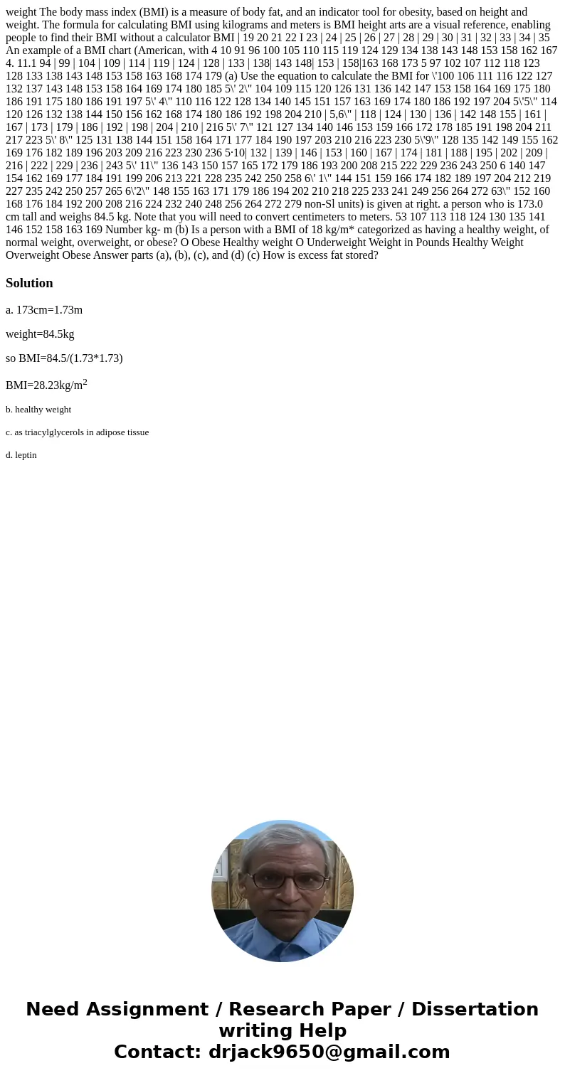 weight The body mass index (BMI) is a measure of body fat, and an indicator tool for obesity, based on height and weight. The formula for calculating BMI using  weight The body mass index (BMI) is a measure of body fat, and an indicator tool for obesity, based on height and weight. The formula for calculating BMI using