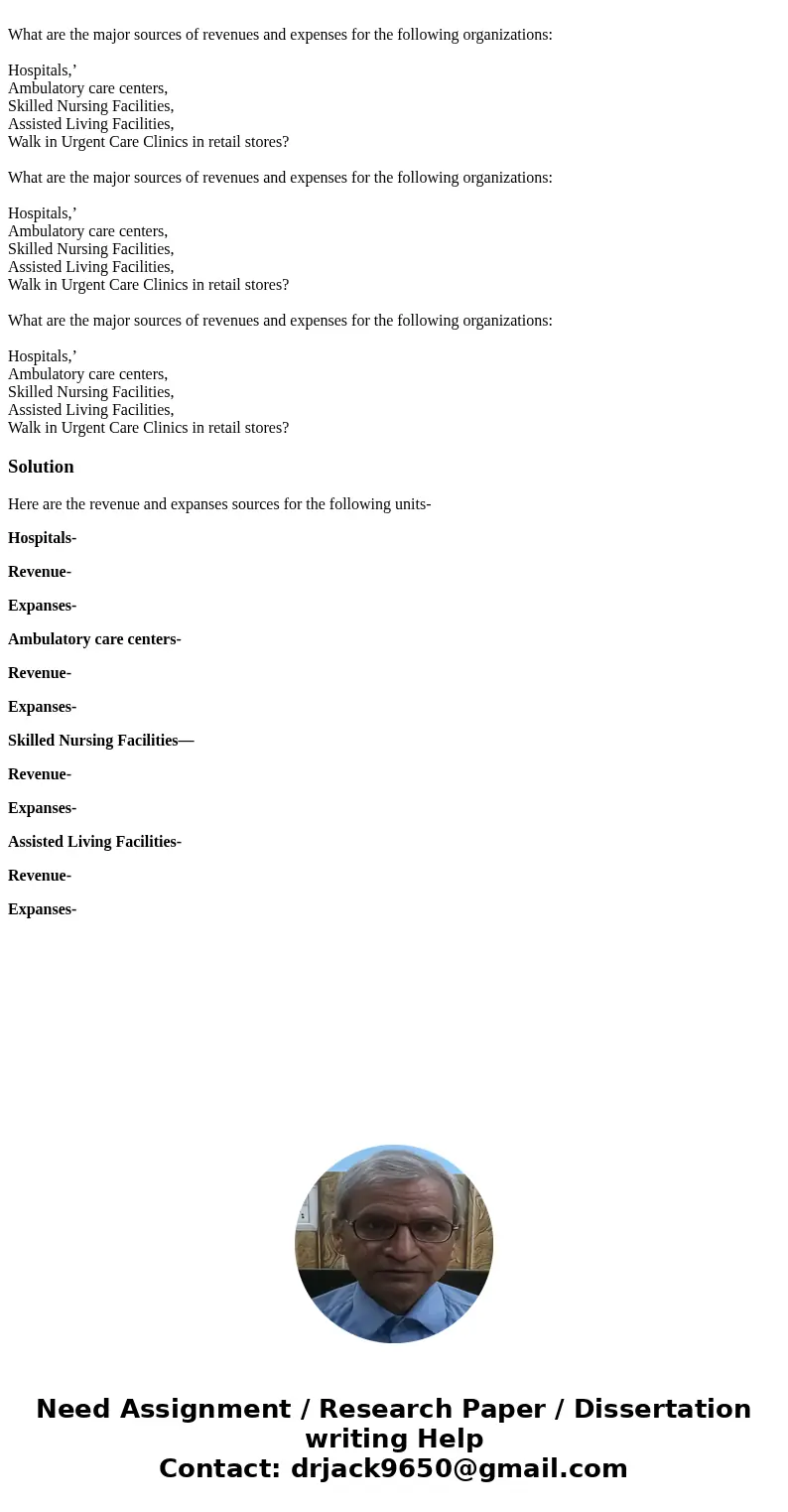 What are the major sources of revenues and expenses for the following organizations: Hospitals,’ Ambulatory care centers, Skilled Nursing Facilities, Assisted   What are the major sources of revenues and expenses for the following organizations: Hospitals,’ Ambulatory care centers, Skilled Nursing Facilities, Assisted