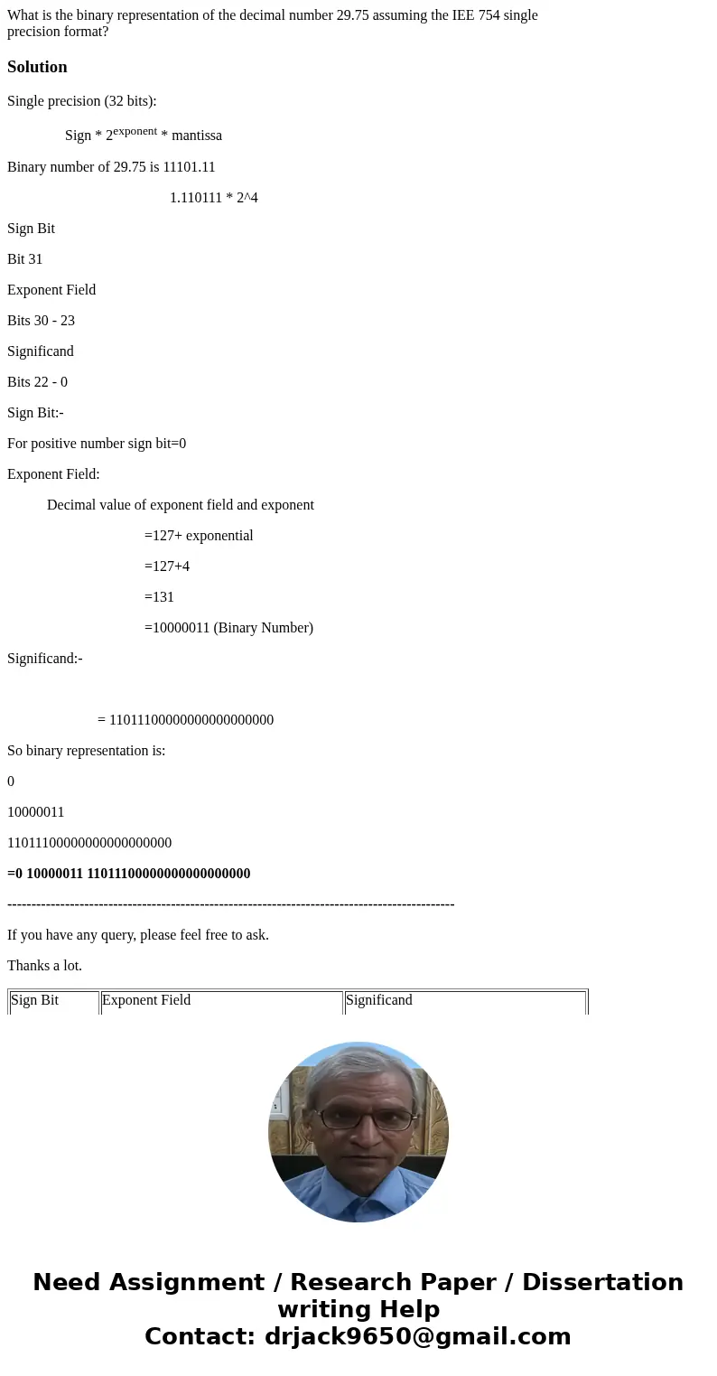 What is the binary representation of the decimal number 29.75 assuming the IEE 754 single precision format?SolutionSingle precision (32 bits): Sign * 2exponent 