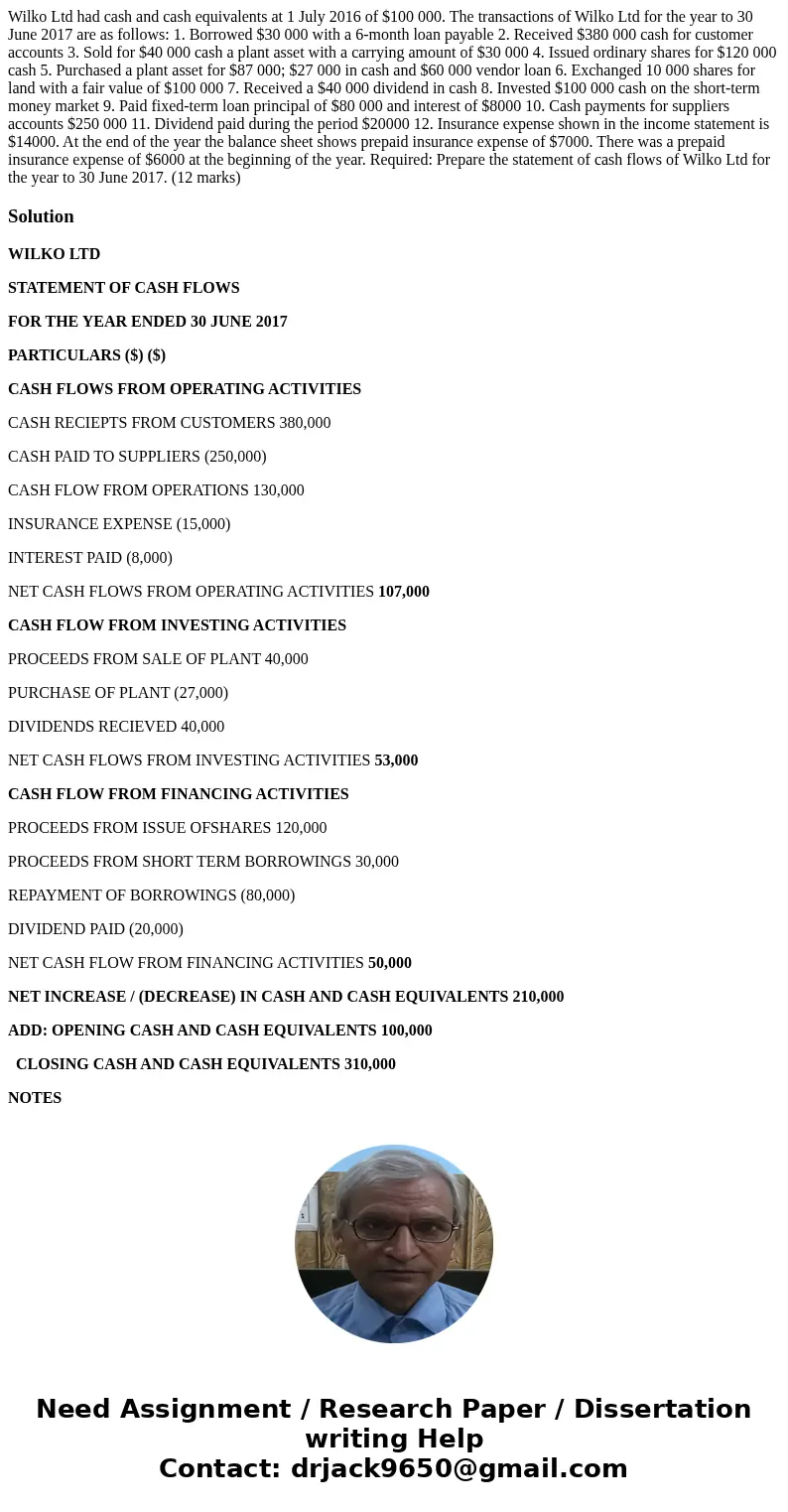 Wilko Ltd had cash and cash equivalents at 1 July 2016 of $100 000. The transactions of Wilko Ltd for the year to 30 June 2017 are as follows: 1. Borrowed $30 0 Wilko Ltd had cash and cash equivalents at 1 July 2016 of $100 000. The transactions of Wilko Ltd for the year to 30 June 2017 are as follows: 1. Borrowed $30 0