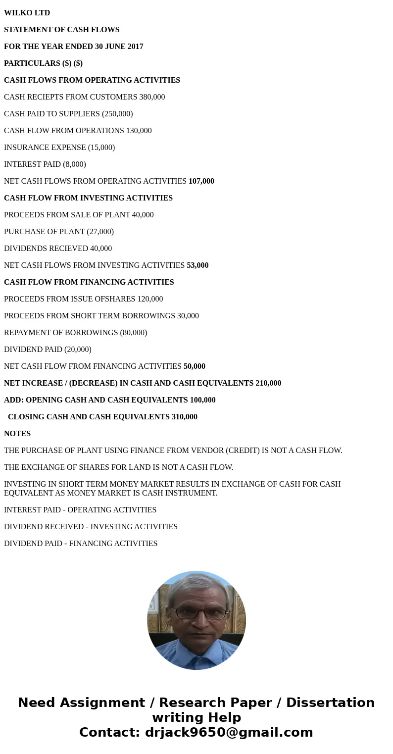 Wilko Ltd had cash and cash equivalents at 1 July 2016 of $100 000. The transactions of Wilko Ltd for the year to 30 June 2017 are as follows: 1. Borrowed $30 0 Wilko Ltd had cash and cash equivalents at 1 July 2016 of $100 000. The transactions of Wilko Ltd for the year to 30 June 2017 are as follows: 1. Borrowed $30 0