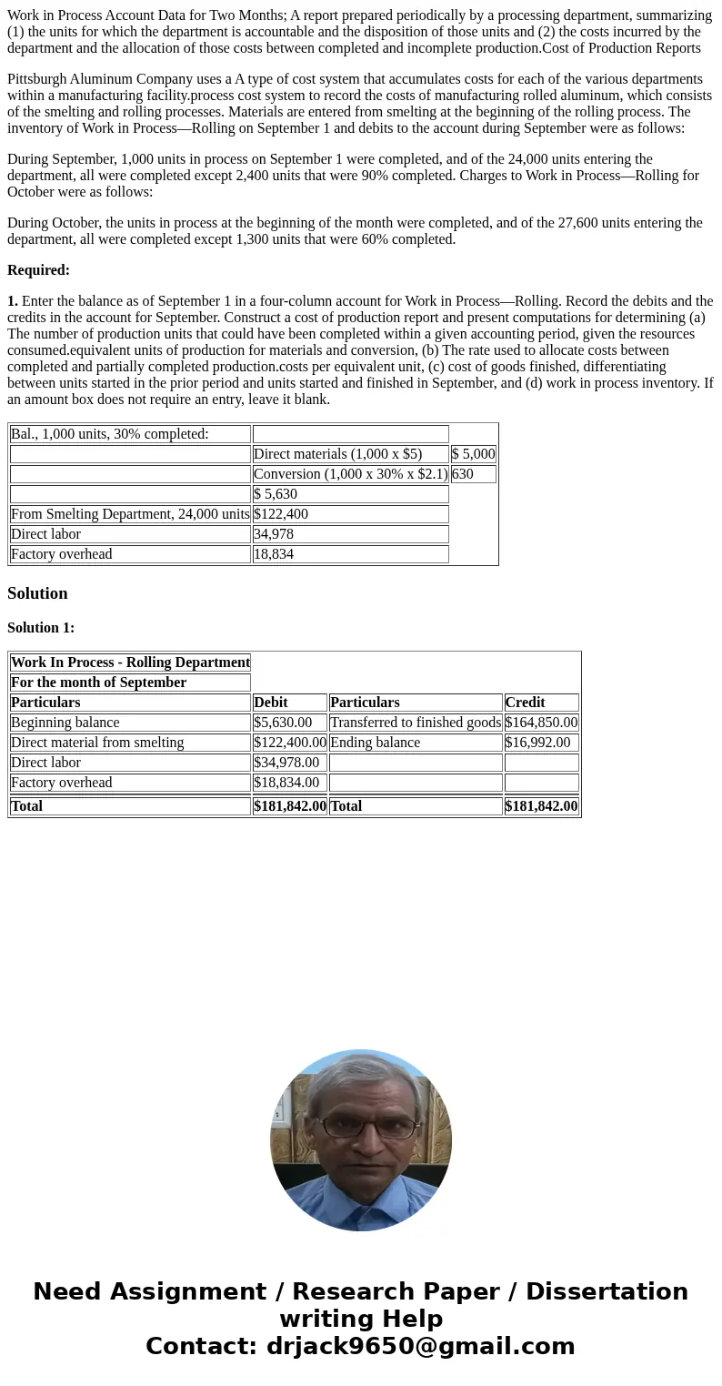 Work in Process Account Data for Two Months; A report prepared periodically by a processing department, summarizing (1) the units for which the department is ac