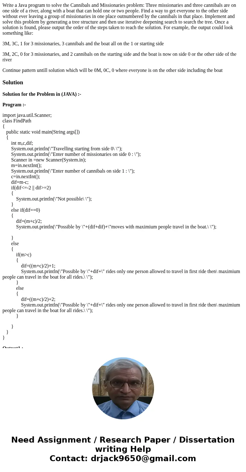 Write a Java program to solve the Cannibals and Missionaries problem: Three missionaries and three cannibals are on one side of a river, along with a boat that  Write a Java program to solve the Cannibals and Missionaries problem: Three missionaries and three cannibals are on one side of a river, along with a boat that