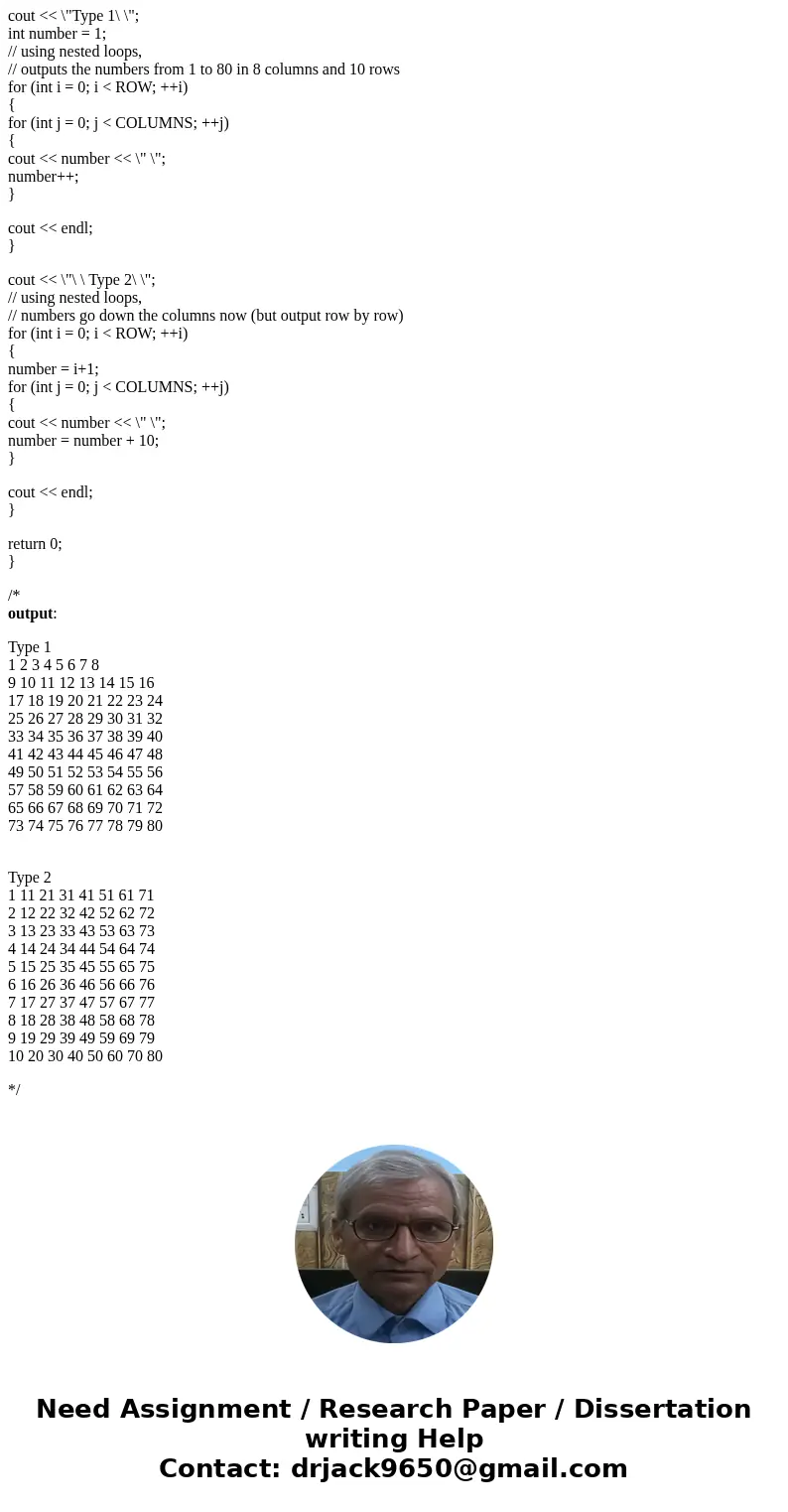 Write a program, using nested loops, which outputs the numbers from 1 to 80 in 8 columns and 10 rows. Your output should look something like this. (The sample p Write a program, using nested loops, which outputs the numbers from 1 to 80 in 8 columns and 10 rows. Your output should look something like this. (The sample p