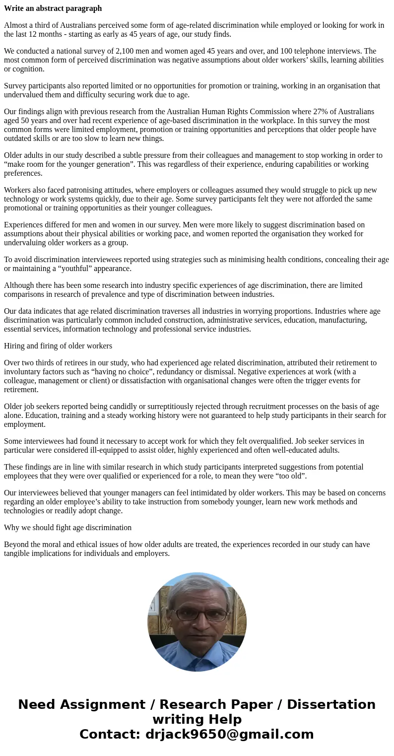 Write an abstract paragraph Almost a third of Australians perceived some form of age-related discrimination while employed or looking for work in the last 12 mo Write an abstract paragraph Almost a third of Australians perceived some form of age-related discrimination while employed or looking for work in the last 12 mo