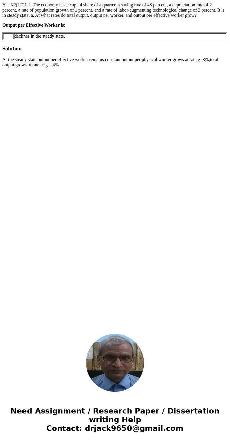 Y = K?(LE)1-?. The economy has a capital share of a quarter, a saving rate of 48 percent, a depreciation rate of 2 percent, a rate of population growth of 1 per