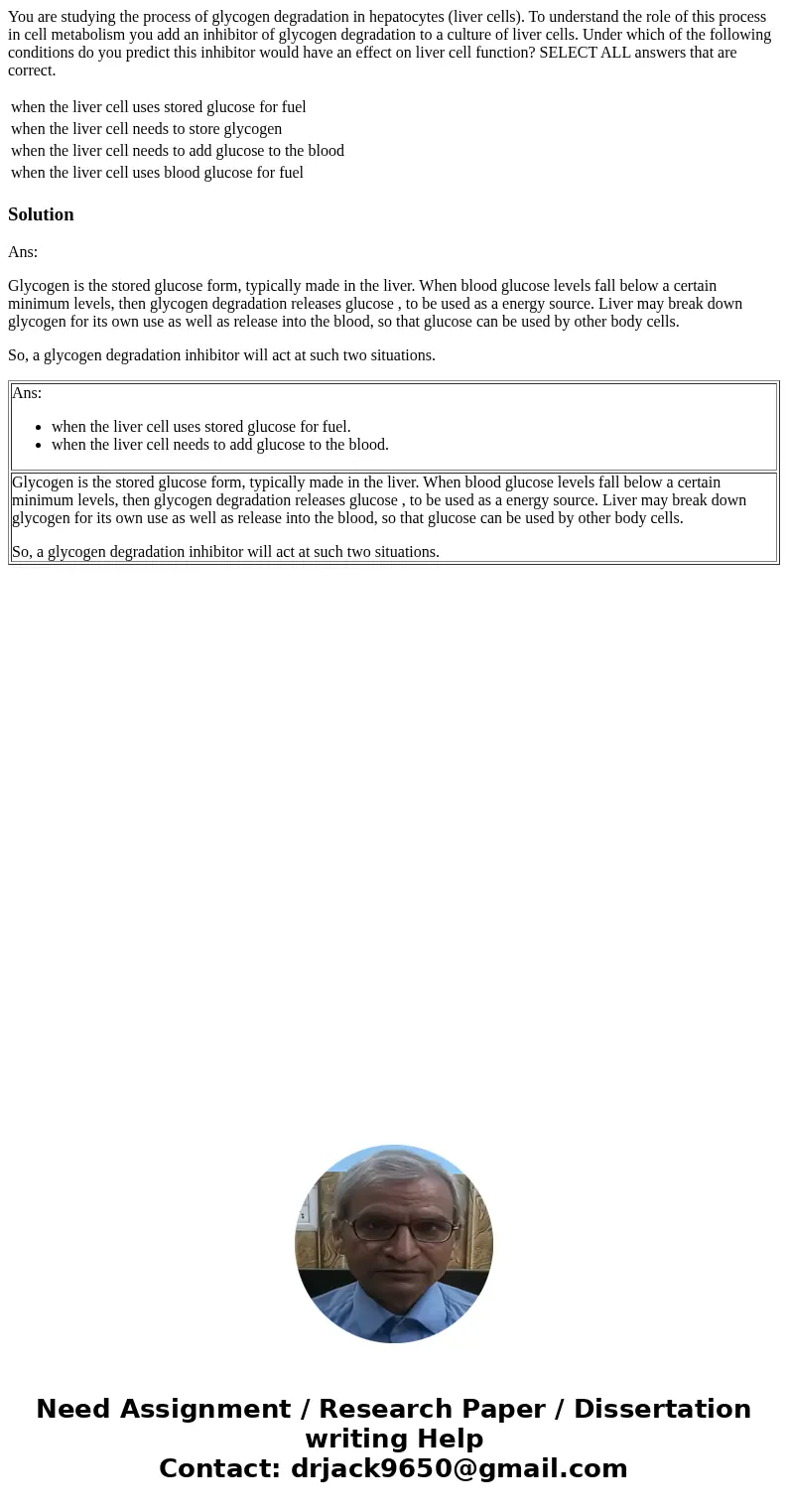 You are studying the process of glycogen degradation in hepatocytes (liver cells). To understand the role of this process in cell metabolism you add an inhibito