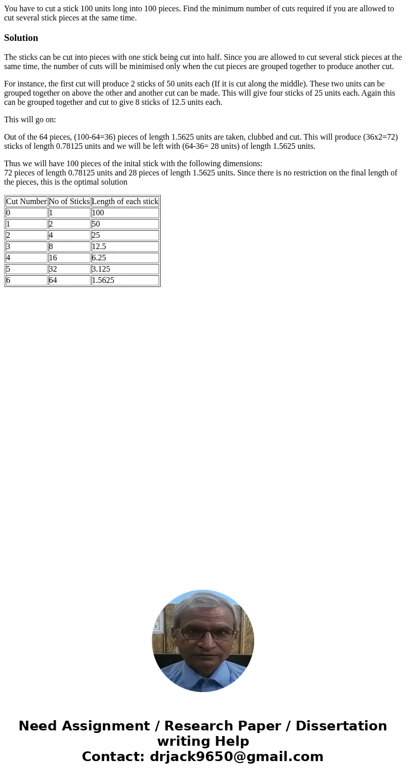 You have to cut a stick 100 units long into 100 pieces. Find the minimum number of cuts required if you are allowed to cut several stick pieces at the same time You have to cut a stick 100 units long into 100 pieces. Find the minimum number of cuts required if you are allowed to cut several stick pieces at the same time