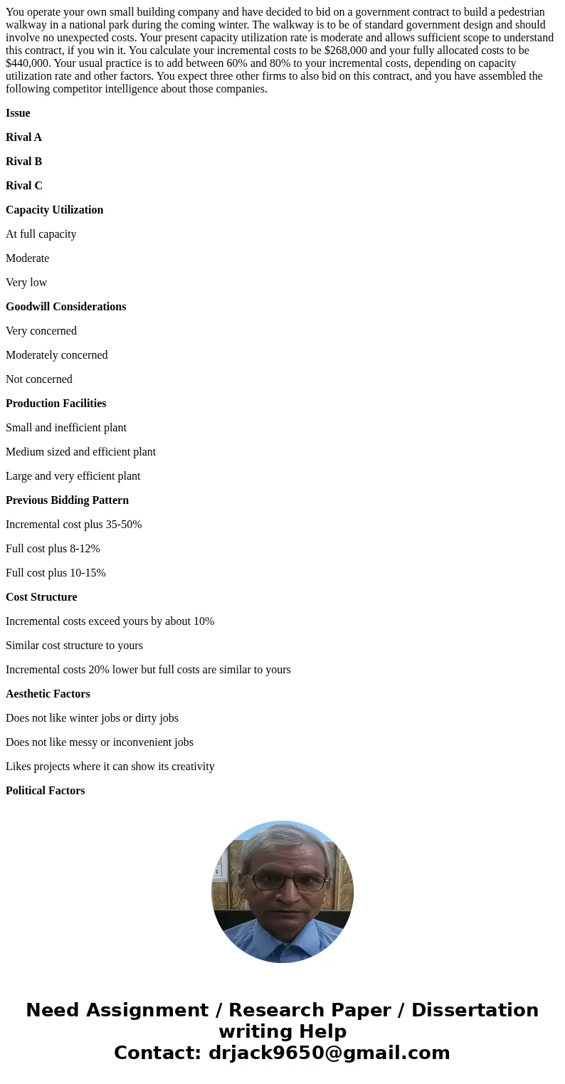 You operate your own small building company and have decided to bid on a government contract to build a pedestrian walkway in a national park during the coming  You operate your own small building company and have decided to bid on a government contract to build a pedestrian walkway in a national park during the coming