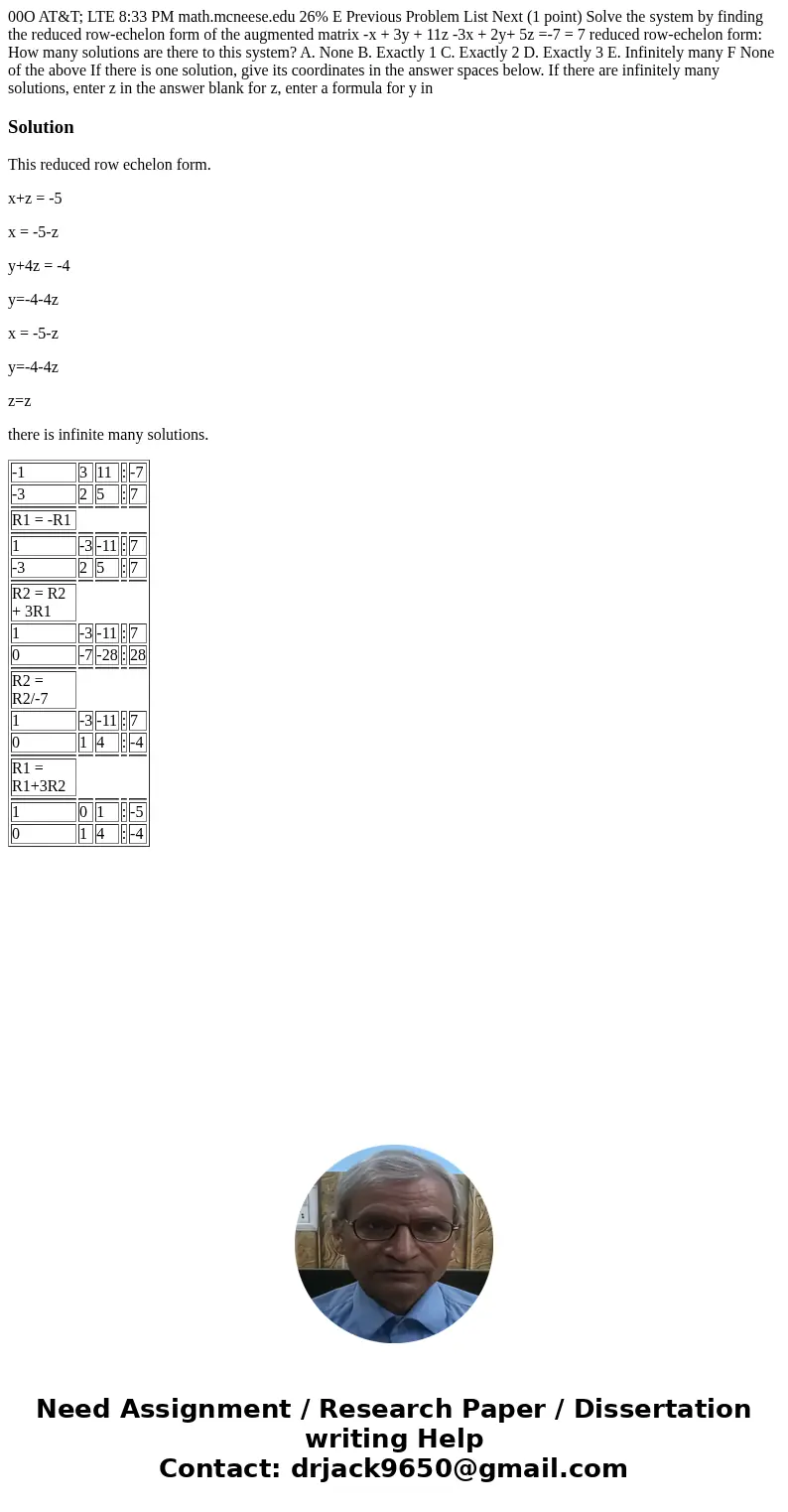  00O AT&T; LTE 8:33 PM math.mcneese.edu 26% E Previous Problem List Next (1 point) Solve the system by finding the reduced row-echelon form of the augmented