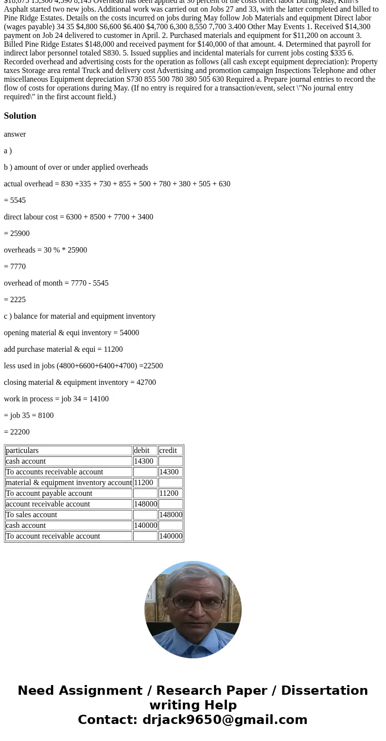  1.70 points Problem 7-53 Show Flow of Costs to Jobs (LO 7-2, 3) Kim\'s Asphalt does driveway and parking lot resurfacing work for large commercial clients as w