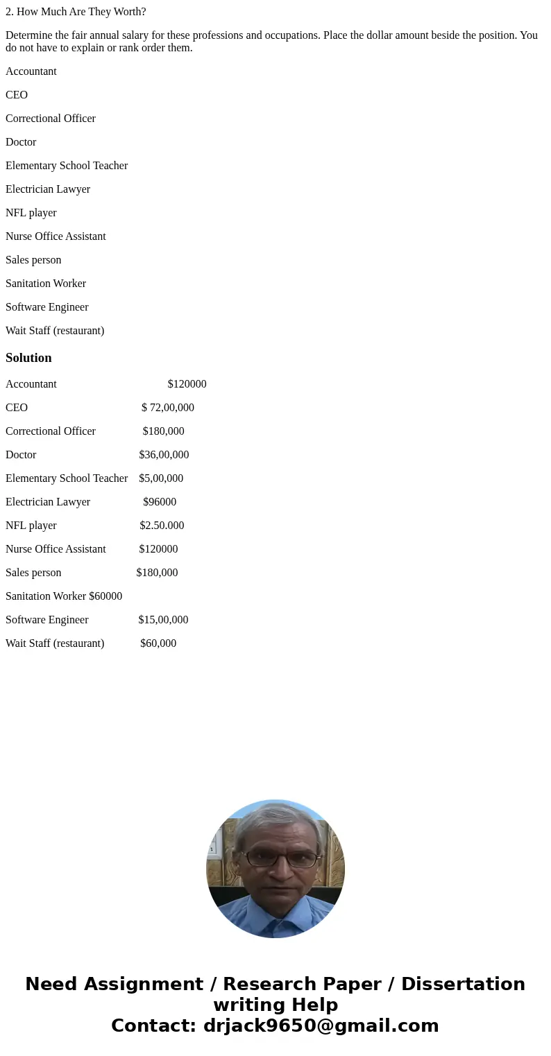 2. How Much Are They Worth? Determine the fair annual salary for these professions and occupations. Place the dollar amount beside the position. You do not have