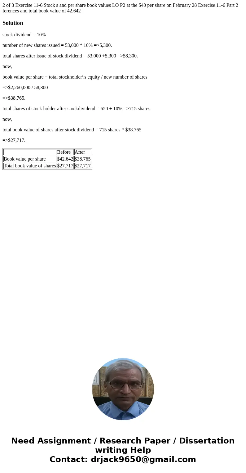  2 of 3 Exercise 11-6 Stock s and per share book values LO P2 at the $40 per share on February 28 Exercise 11-6 Part 2 ferences and total book value of 42.642 S