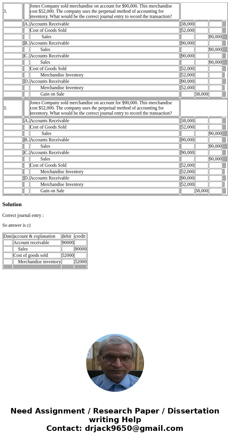  3. Jones Company sold merchandise on account for $90,000. This merchandise cost $52,000. The company uses the perpetual method of accounting for inventory. Wha