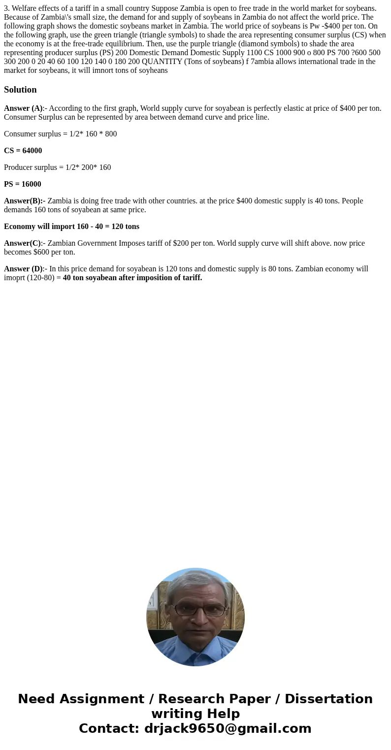  3. Welfare effects of a tariff in a small country Suppose Zambia is open to free trade in the world market for soybeans. Because of Zambia\'s small size, the d
