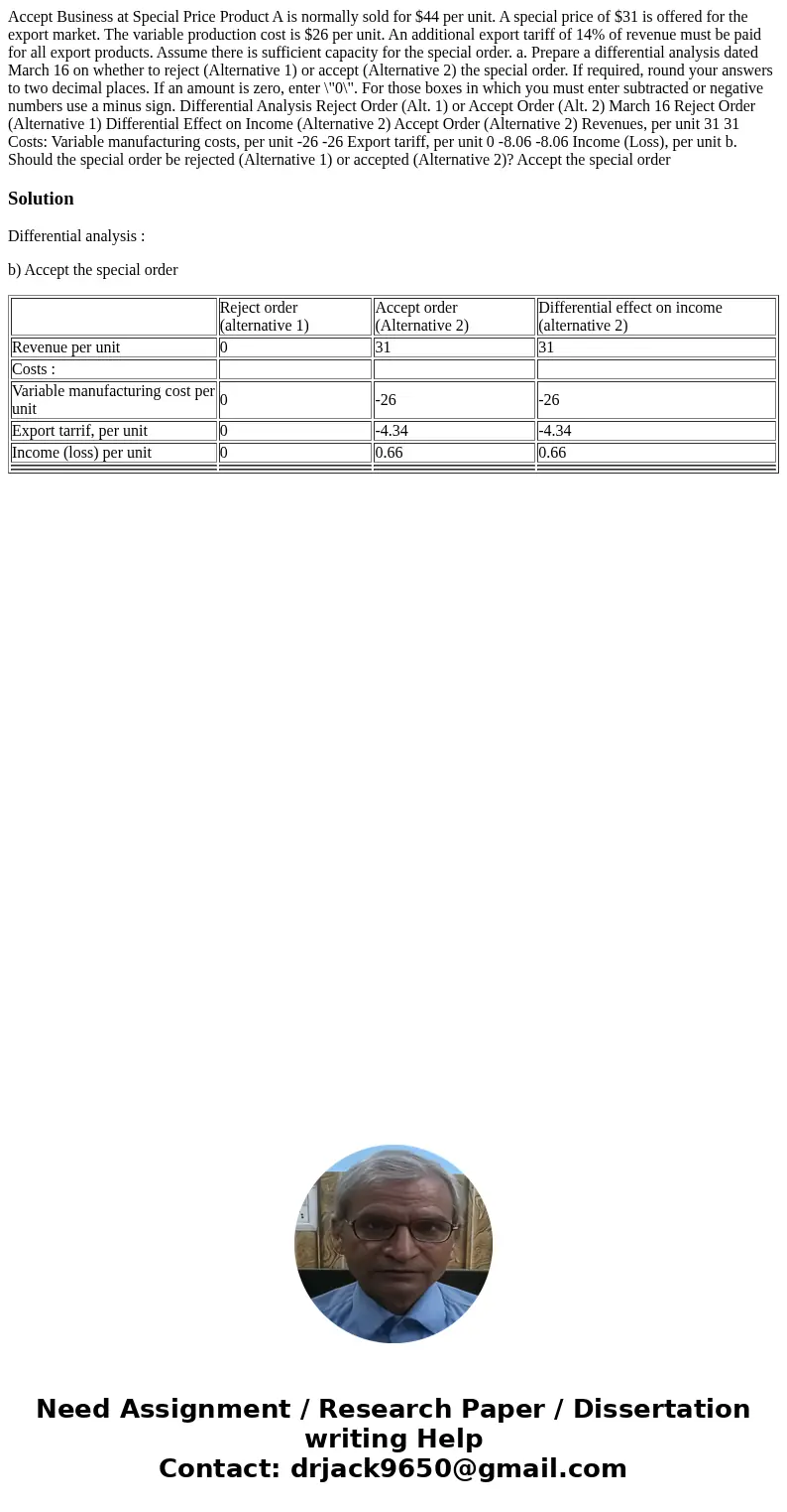  Accept Business at Special Price Product A is normally sold for $44 per unit. A special price of $31 is offered for the export market. The variable production 