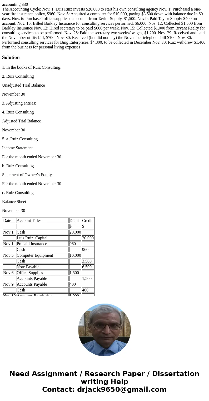 accounting 330 The Accounting Cycle: Nov. 1: Luis Ruiz invests $20,000 to start his own consulting agency Nov. 1: Purchased a one-year fire insurance policy, $9 accounting 330 The Accounting Cycle: Nov. 1: Luis Ruiz invests $20,000 to start his own consulting agency Nov. 1: Purchased a one-year fire insurance policy, $9