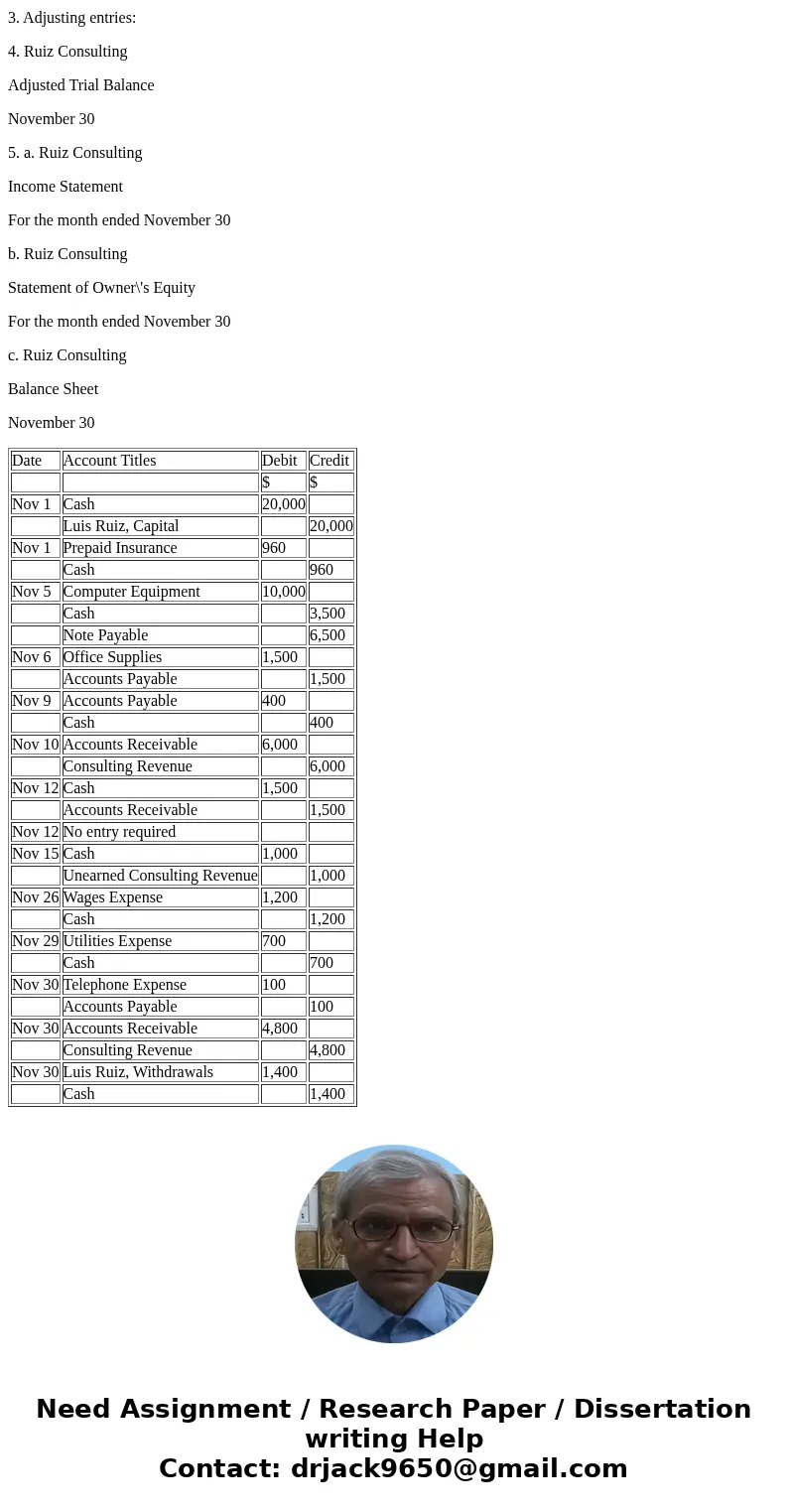 accounting 330 The Accounting Cycle: Nov. 1: Luis Ruiz invests $20,000 to start his own consulting agency Nov. 1: Purchased a one-year fire insurance policy, $9 accounting 330 The Accounting Cycle: Nov. 1: Luis Ruiz invests $20,000 to start his own consulting agency Nov. 1: Purchased a one-year fire insurance policy, $9