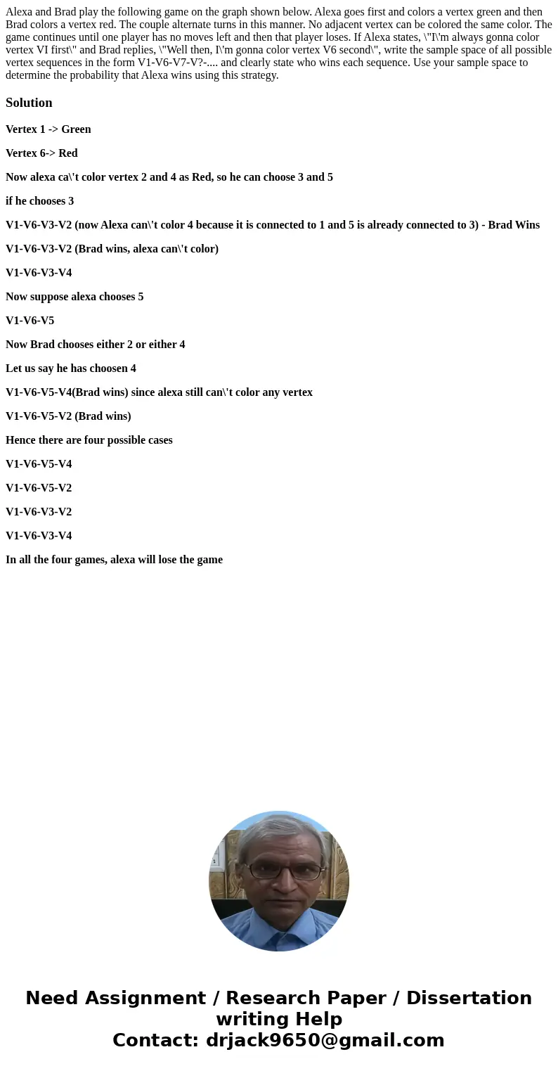 Alexa and Brad play the following game on the graph shown below. Alexa goes first and colors a vertex green and then Brad colors a vertex red. The couple alter  Alexa and Brad play the following game on the graph shown below. Alexa goes first and colors a vertex green and then Brad colors a vertex red. The couple alter