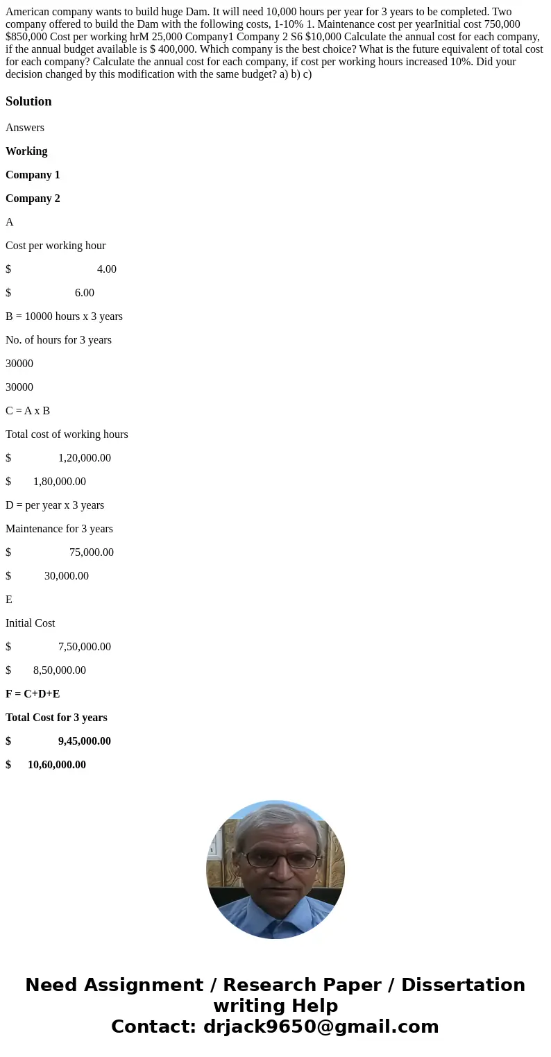  American company wants to build huge Dam. It will need 10,000 hours per year for 3 years to be completed. Two company offered to build the Dam with the followi