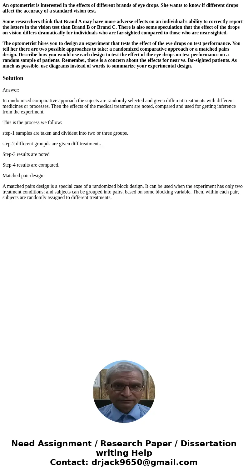 An optometrist is interested in the effects of different brands of eye drops. She wants to know if different drops affect the accuracy of a standard vision test An optometrist is interested in the effects of different brands of eye drops. She wants to know if different drops affect the accuracy of a standard vision test