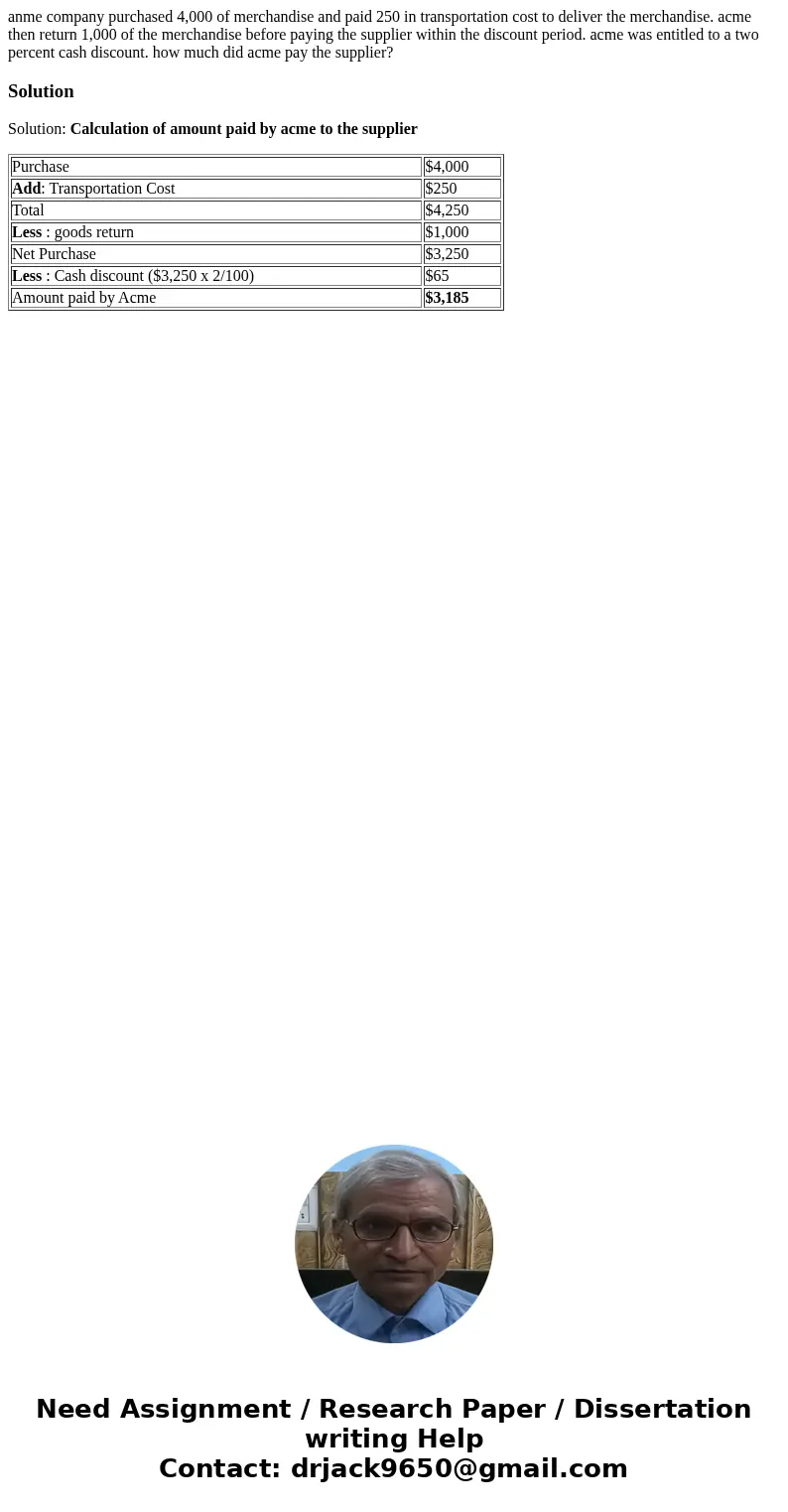 anme company purchased 4,000 of merchandise and paid 250 in transportation cost to deliver the merchandise. acme then return 1,000 of the merchandise before pay