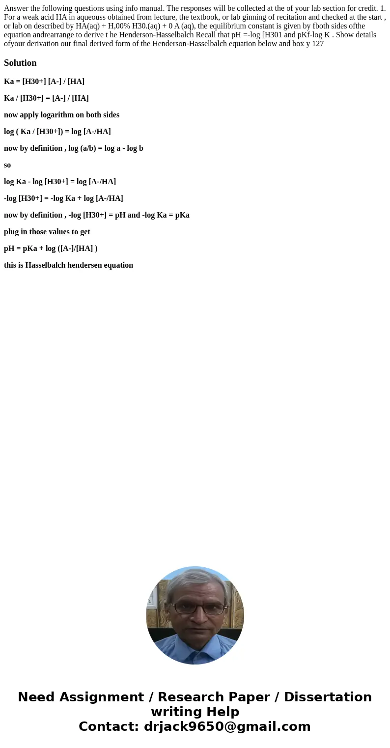 Answer the following questions using info manual. The responses will be collected at the of your lab section for credit. 1. For a weak acid HA in aqueouss obta  Answer the following questions using info manual. The responses will be collected at the of your lab section for credit. 1. For a weak acid HA in aqueouss obta