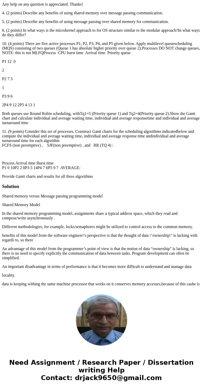Any help on any question is appreciated. Thanks! 4. (2 points) Describe any benefits of using shared memory over message passing communication. 5. (2 points) De