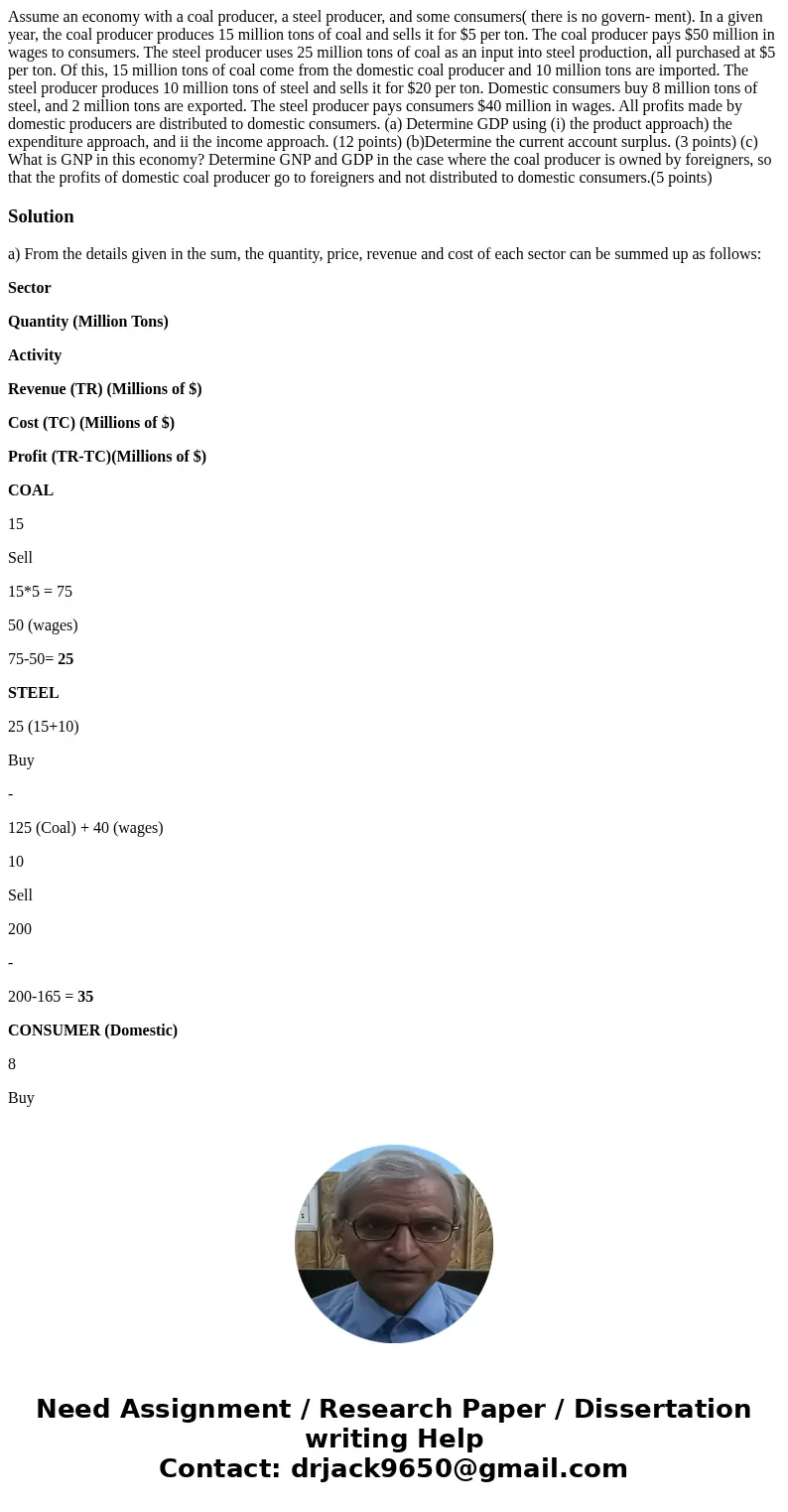  Assume an economy with a coal producer, a steel producer, and some consumers( there is no govern- ment). In a given year, the coal producer produces 15 million