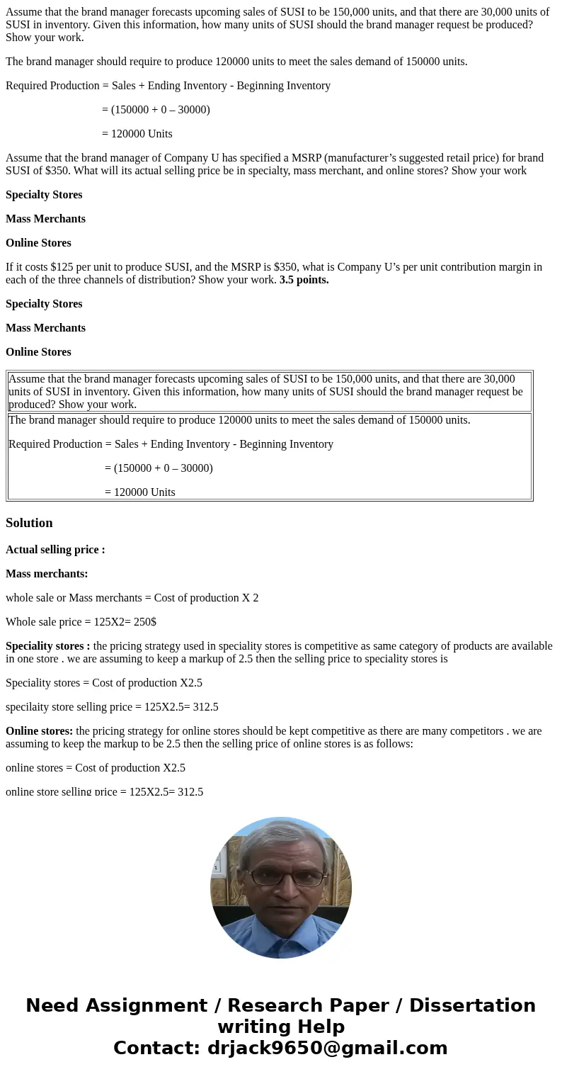 Assume that the brand manager forecasts upcoming sales of SUSI to be 150,000 units, and that there are 30,000 units of SUSI in inventory. Given this information