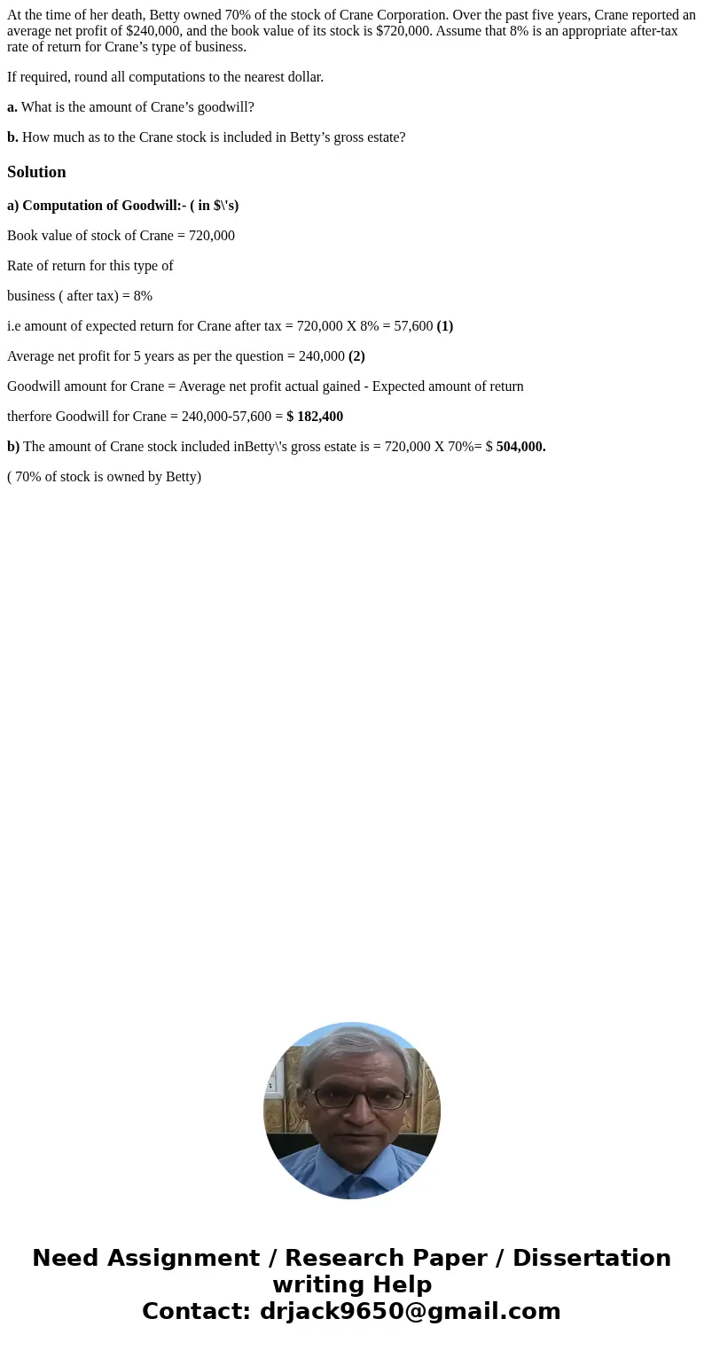 At the time of her death, Betty owned 70% of the stock of Crane Corporation. Over the past five years, Crane reported an average net profit of $240,000, and the