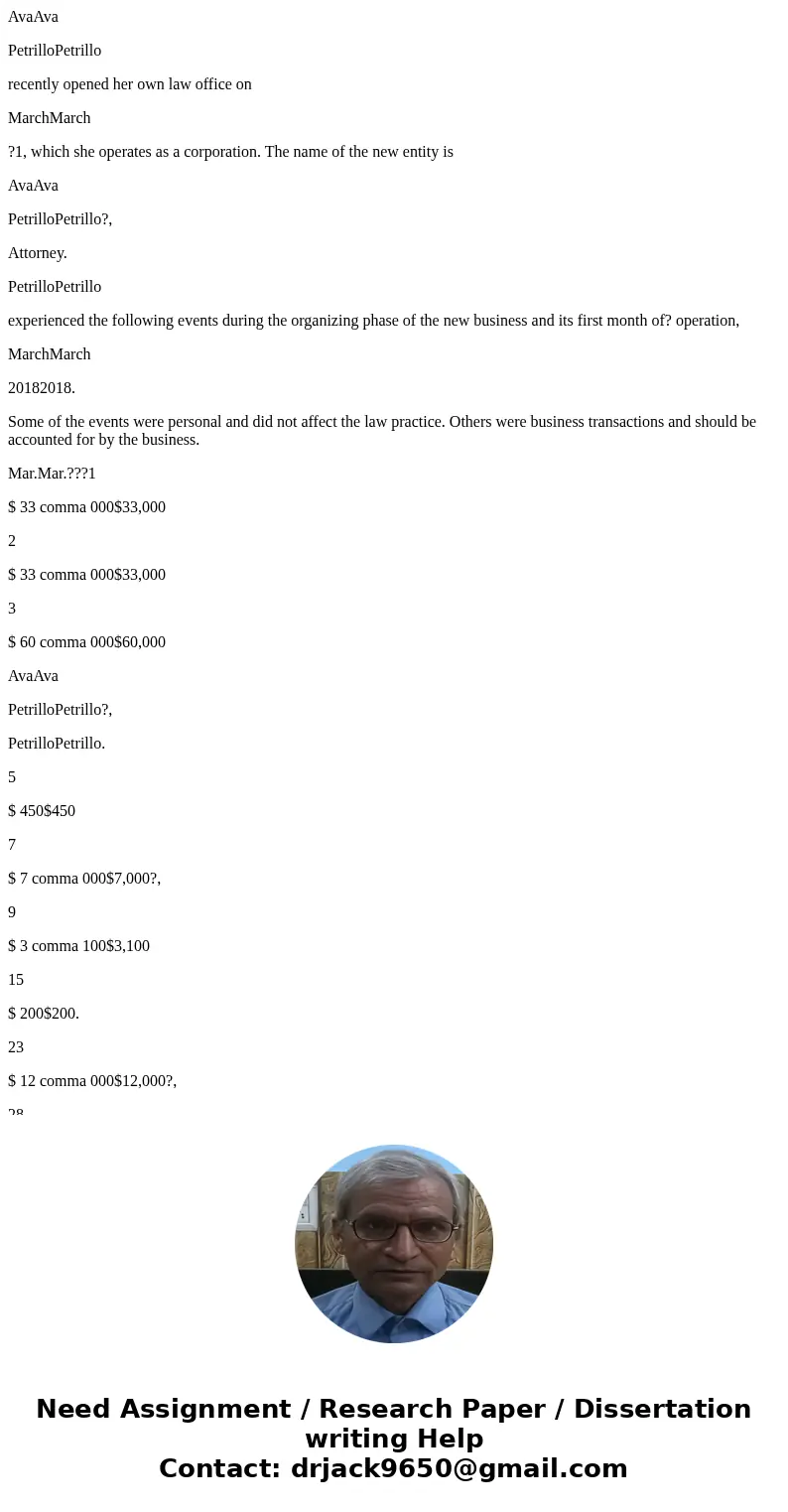 AvaAva PetrilloPetrillo recently opened her own law office on MarchMarch ?1, which she operates as a corporation. The name of the new entity is AvaAva PetrilloP AvaAva PetrilloPetrillo recently opened her own law office on MarchMarch ?1, which she operates as a corporation. The name of the new entity is AvaAva PetrilloP