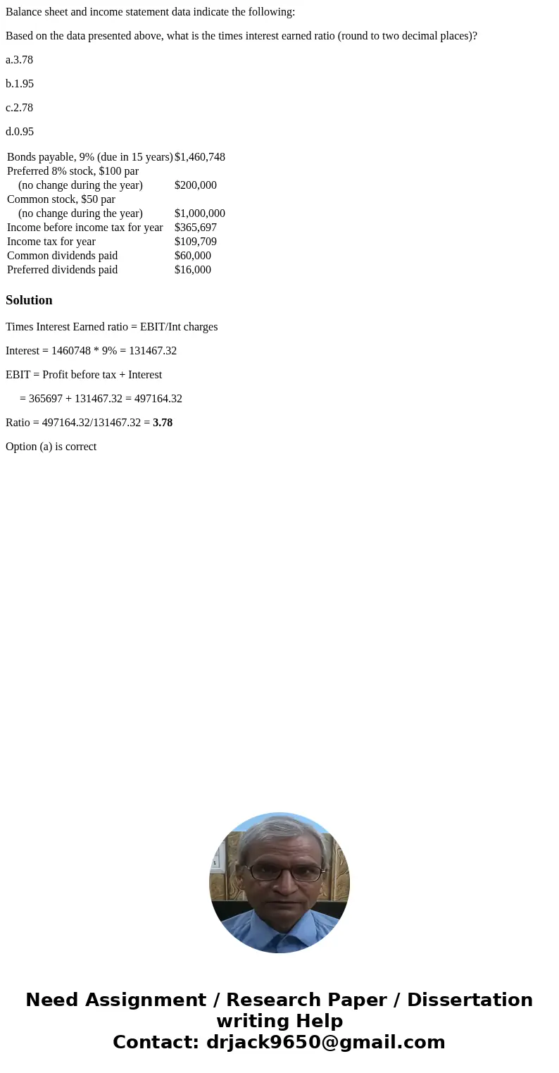 Balance sheet and income statement data indicate the following: Based on the data presented above, what is the times interest earned ratio (round to two decimal
