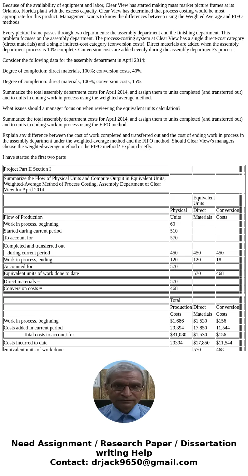 Because of the availability of equipment and labor, Clear View has started making mass market picture frames at its Orlando, Florida plant with the excess capac