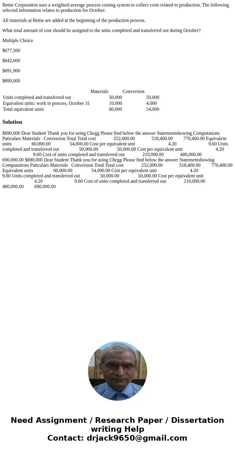 Bettie Corporation uses a weighted-average process costing system to collect costs related to production. The following selected information relates to producti