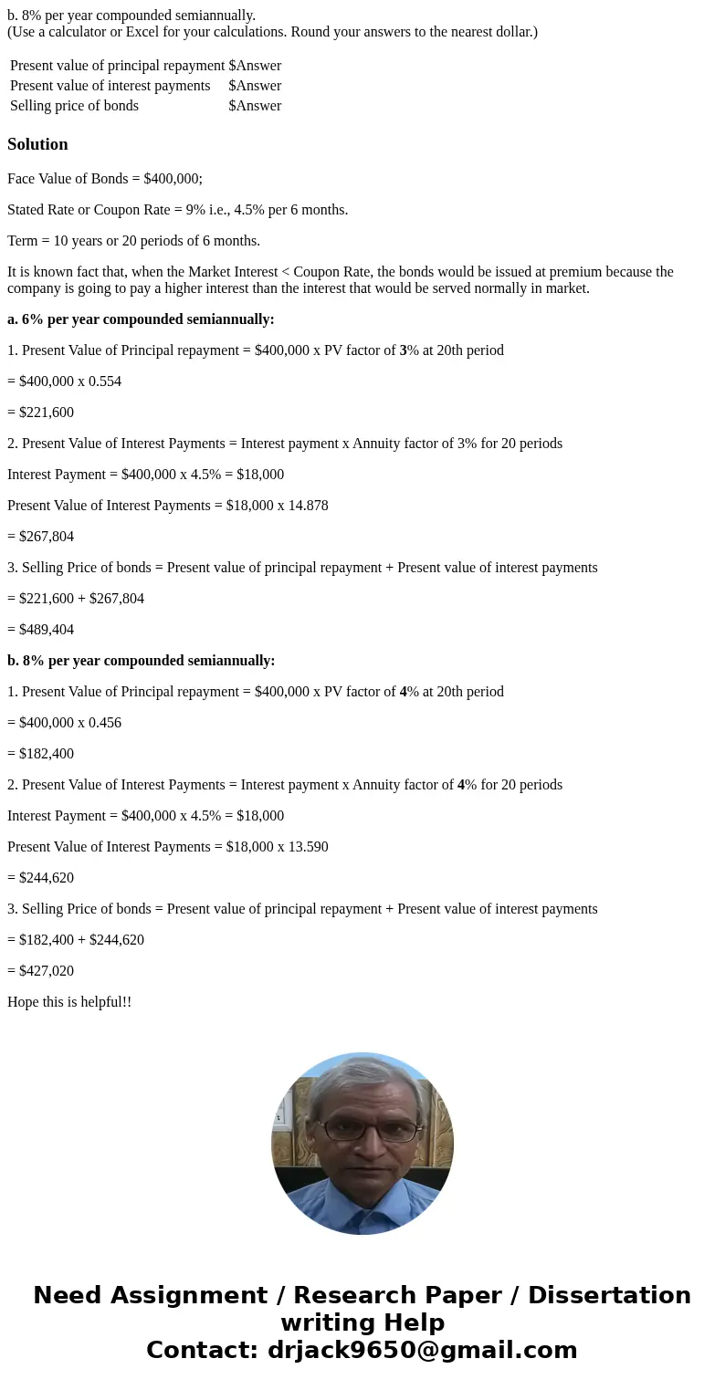 Bushman, Inc., issues $400,000 of 9% bonds that pay interest semiannually and mature in 10 years. Compute the bond issue price assuming that the bonds\' market 