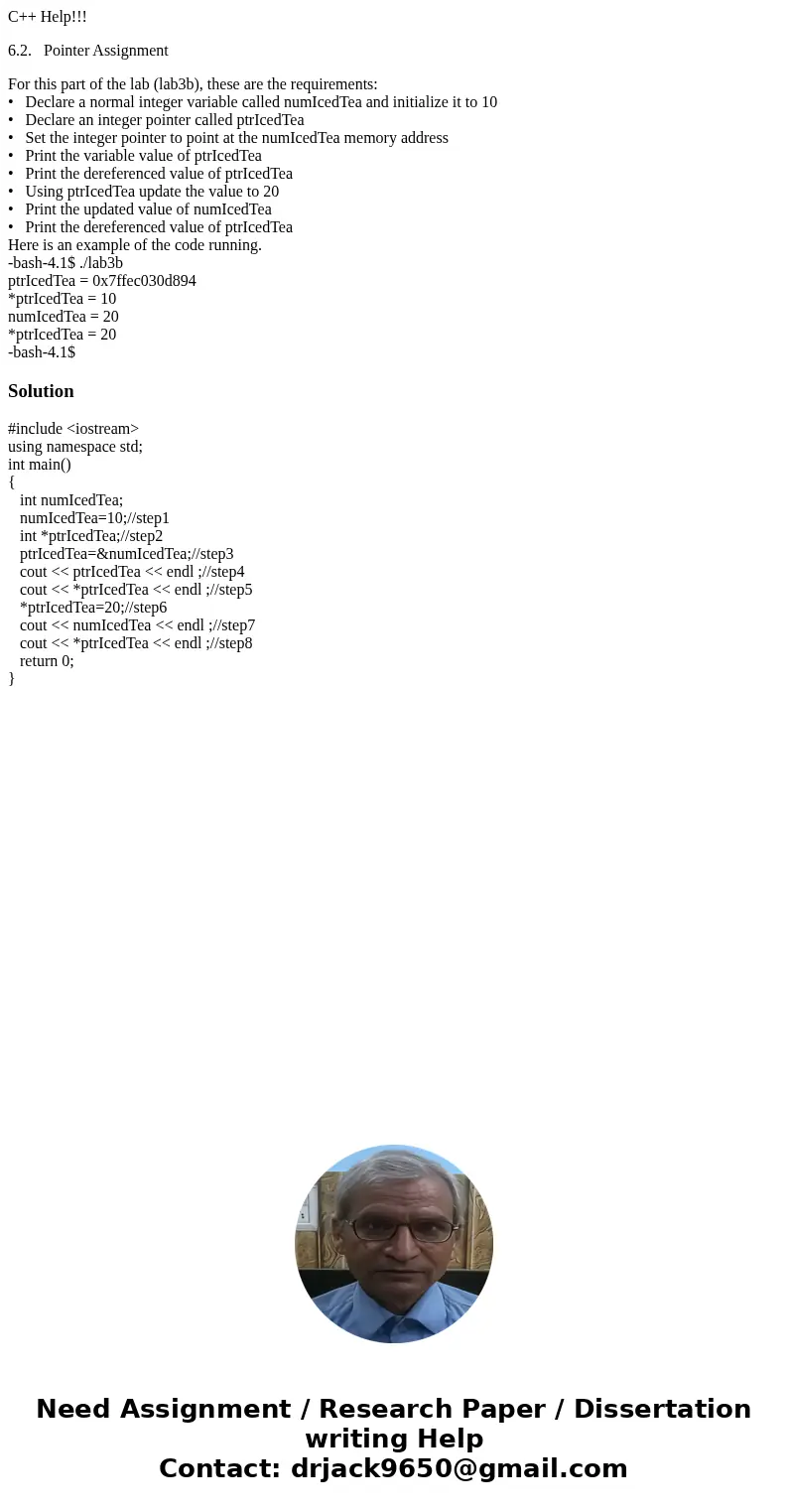 C++ Help!!! 6.2. Pointer Assignment For this part of the lab (lab3b), these are the requirements: • Declare a normal integer variable called numIcedTea and init C++ Help!!! 6.2. Pointer Assignment For this part of the lab (lab3b), these are the requirements: • Declare a normal integer variable called numIcedTea and init