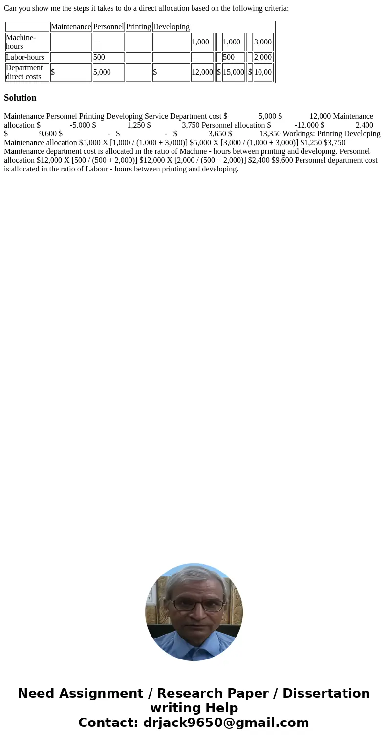 Can you show me the steps it takes to do a direct allocation based on the following criteria: Maintenance Personnel Printing Developing Machine-hours — 1,000 1,