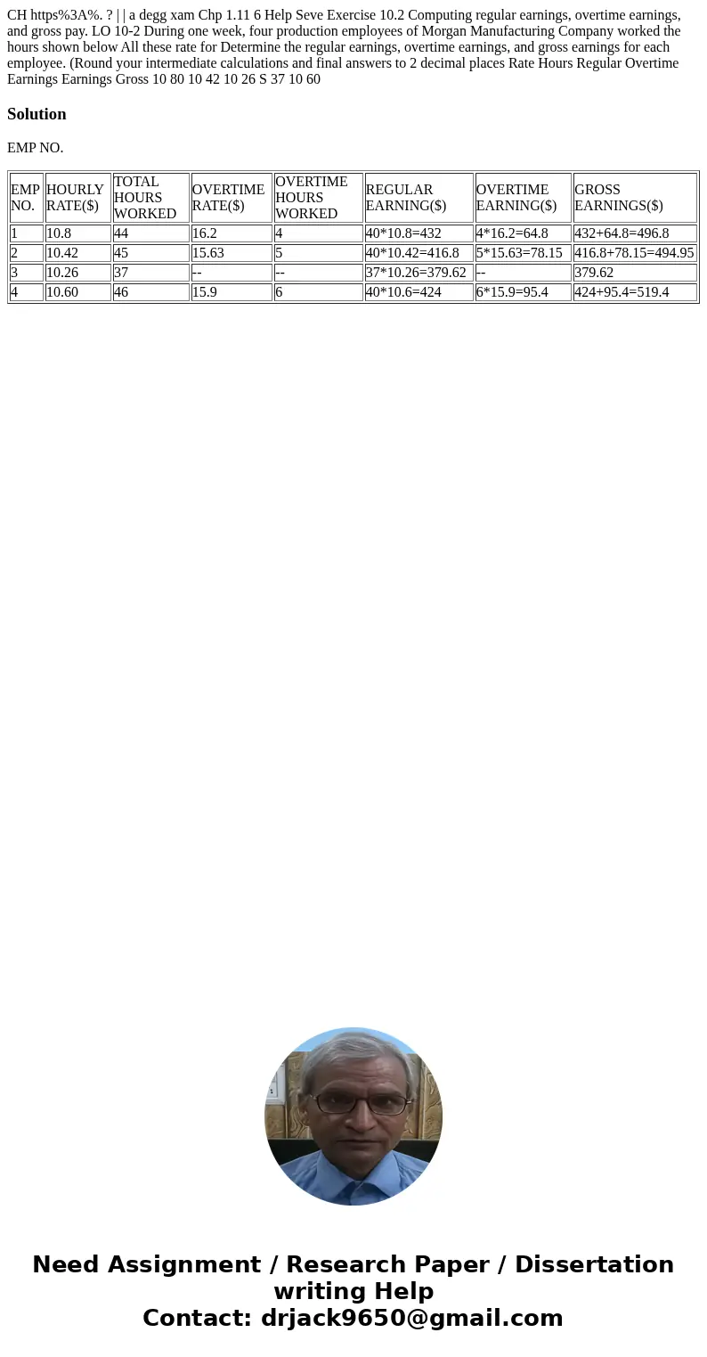  CH https%3A%. ? | | a degg xam Chp 1.11 6 Help Seve Exercise 10.2 Computing regular earnings, overtime earnings, and gross pay. LO 10-2 During one week, four p