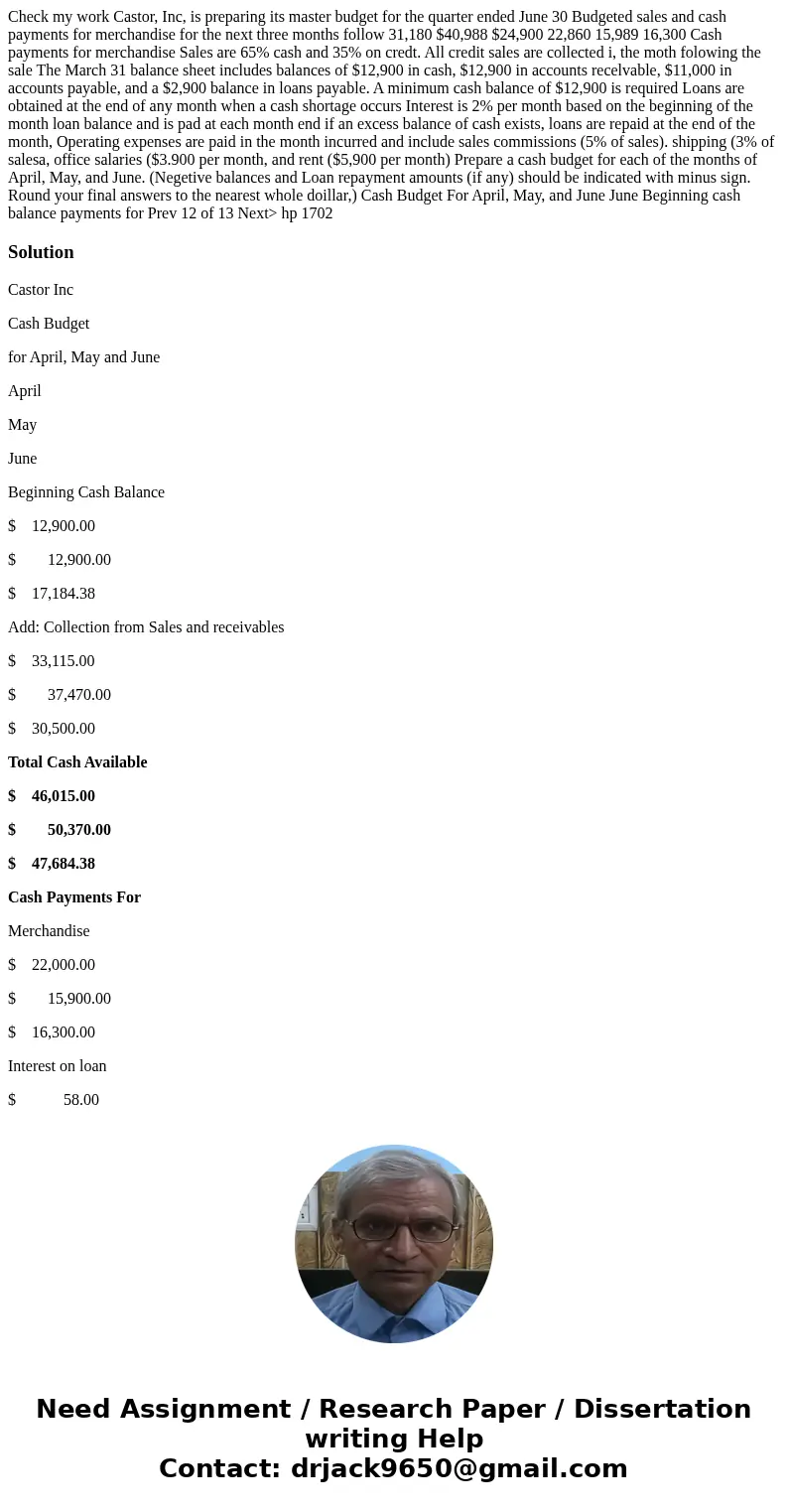  Check my work Castor, Inc, is preparing its master budget for the quarter ended June 30 Budgeted sales and cash payments for merchandise for the next three mon
