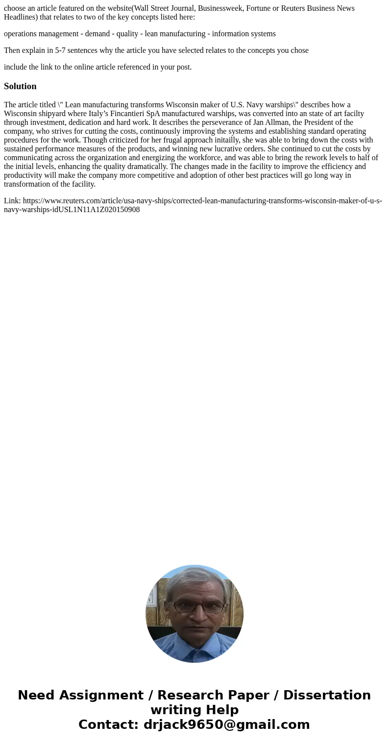 choose an article featured on the website(Wall Street Journal, Businessweek, Fortune or Reuters Business News Headlines) that relates to two of the key concepts
