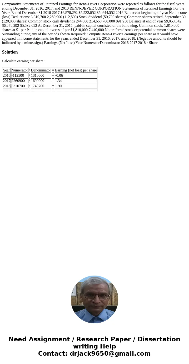 Comparative Statements of Retained Earnings for Renn-Dever Corporation were reported as follows for the fiscal years ending December 31, 2016, 2017, and 2018 R  Comparative Statements of Retained Earnings for Renn-Dever Corporation were reported as follows for the fiscal years ending December 31, 2016, 2017, and 2018 R